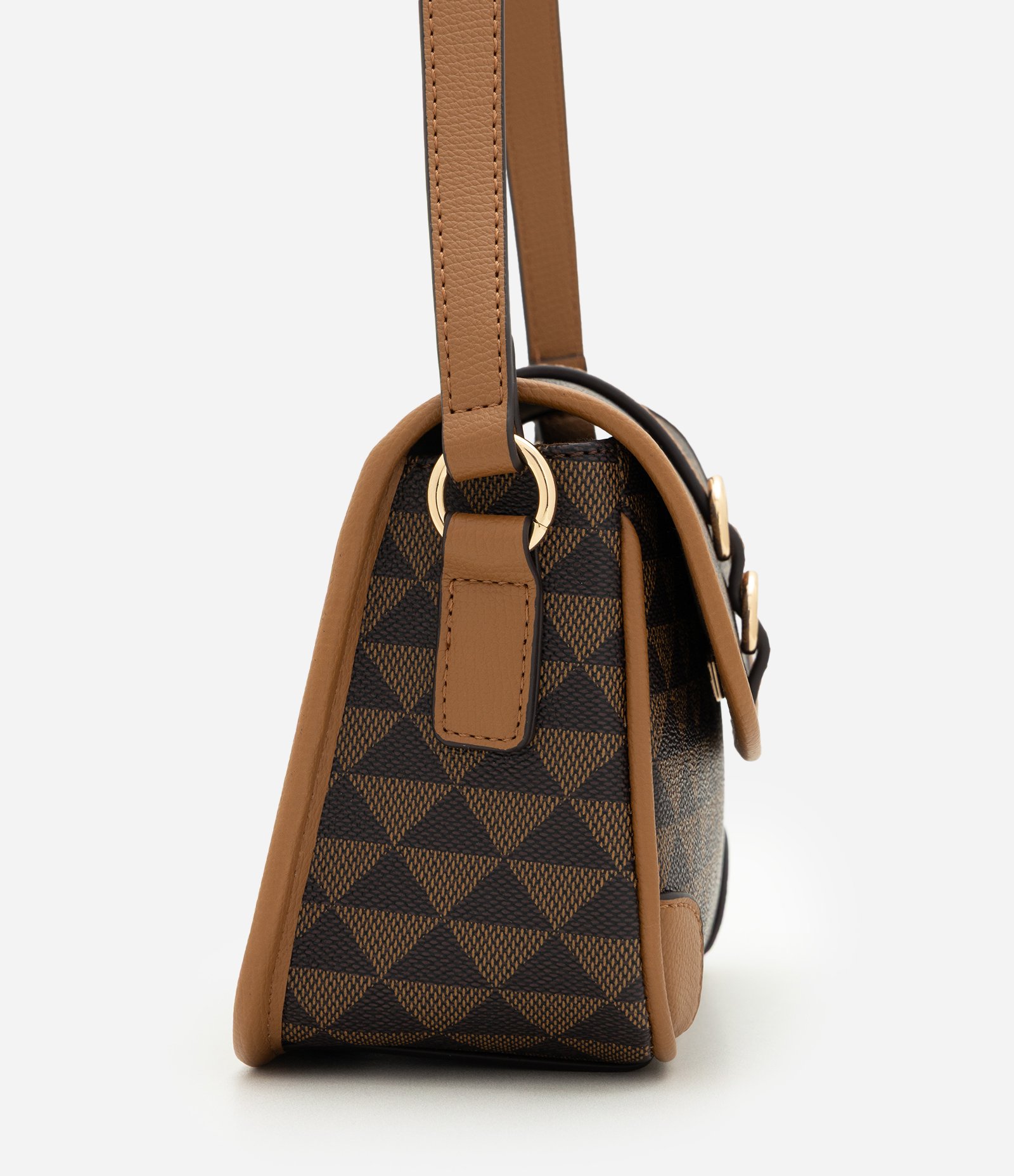 Bolsa Shoulder Média em PU com Estampa Triângulos Marrom 3