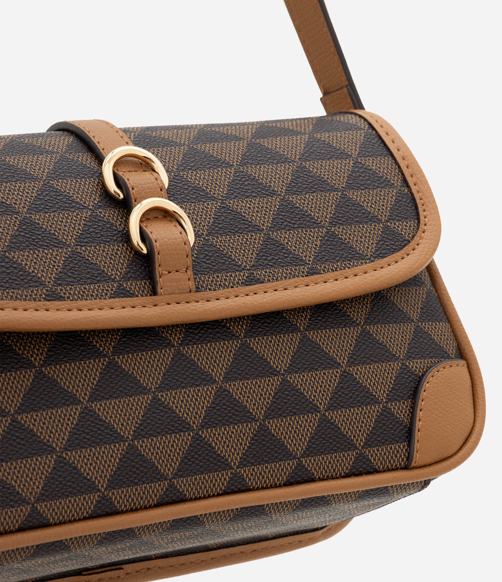 Bolsa Shoulder Média em PU com Estampa Triângulos Marrom 5