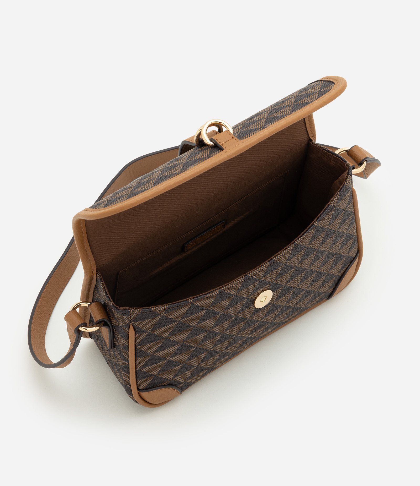 Bolsa Shoulder Média em PU com Estampa Triângulos Marrom 6