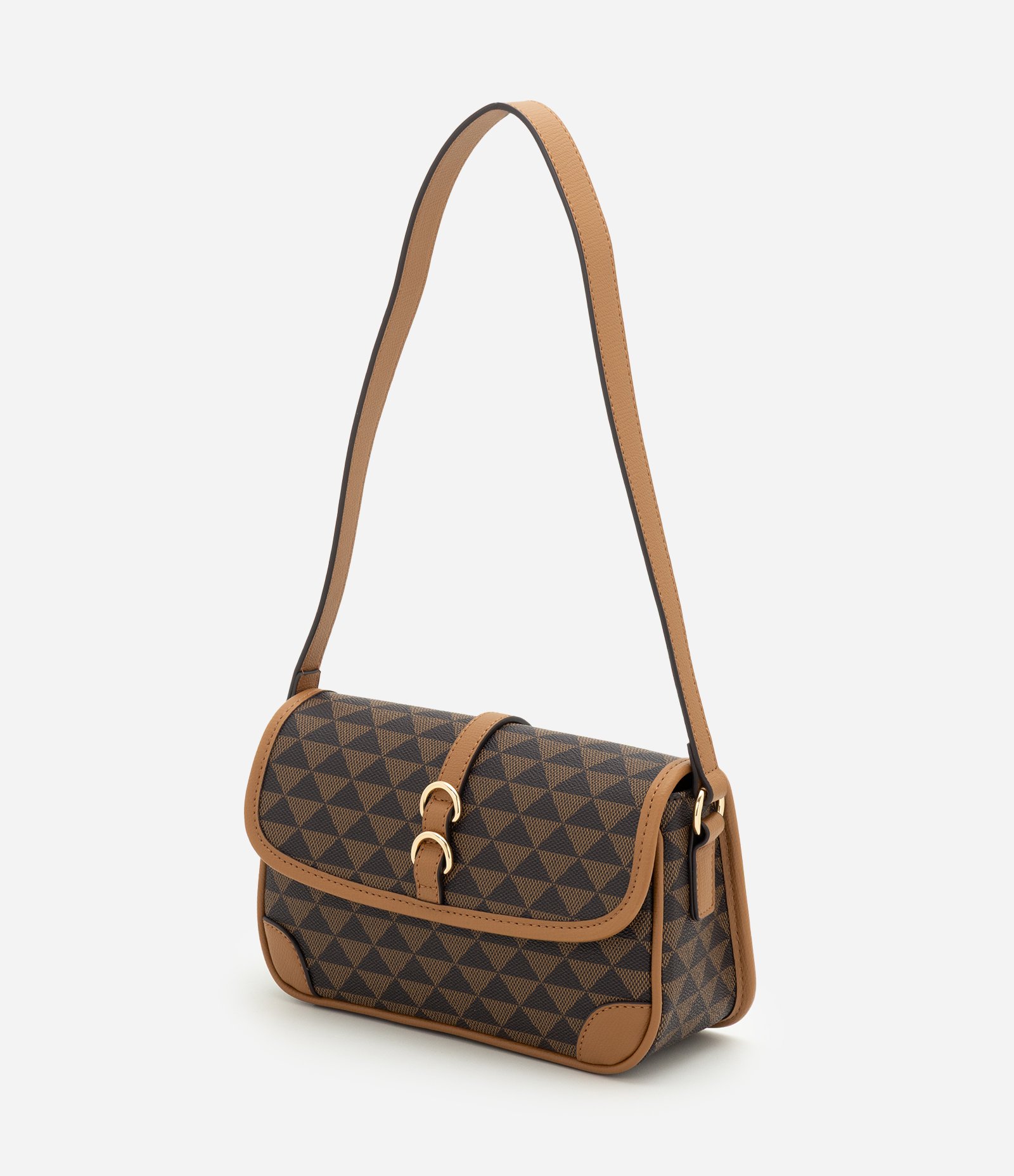 Bolsa Shoulder Média em PU com Estampa Triângulos Marrom 7