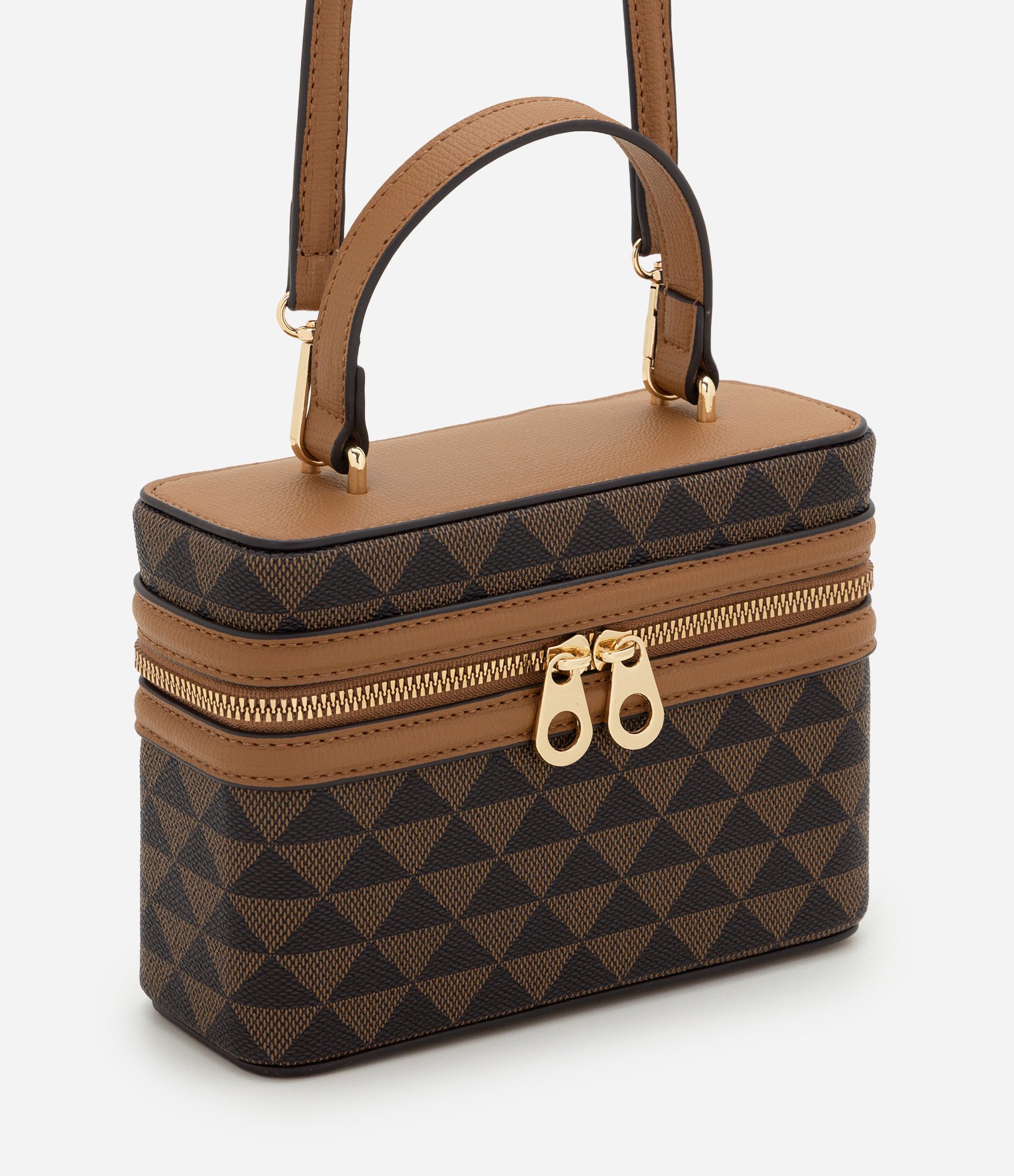 Bolsa Box Transversal em PU com Estampa Triângulos Marrom 2