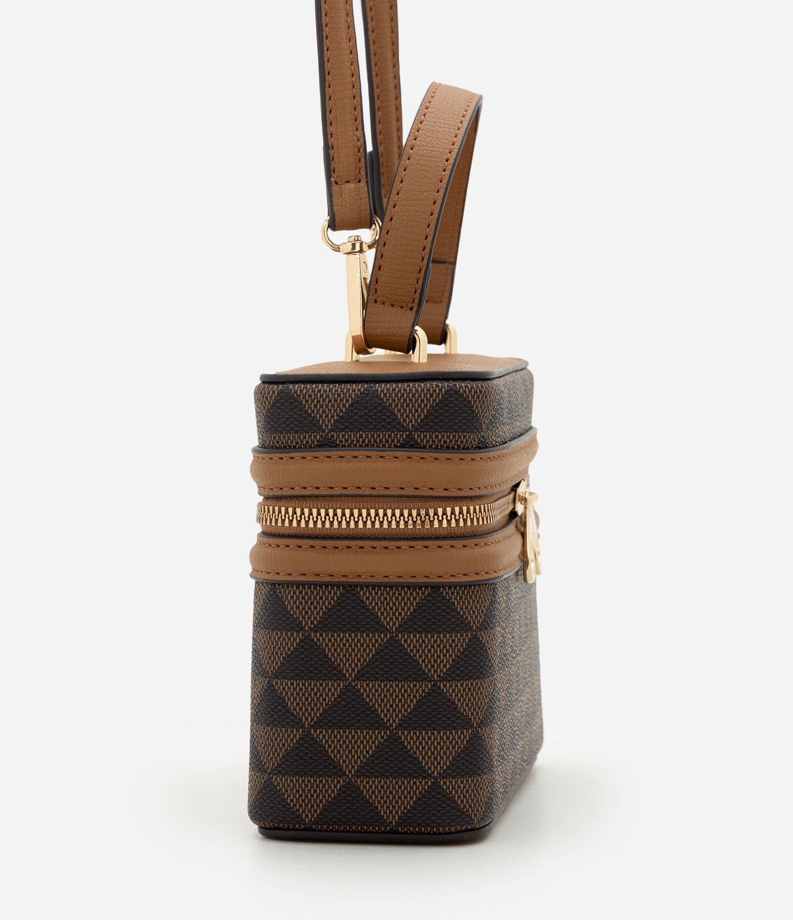 Bolsa Box Transversal em PU com Estampa Triângulos Marrom 3