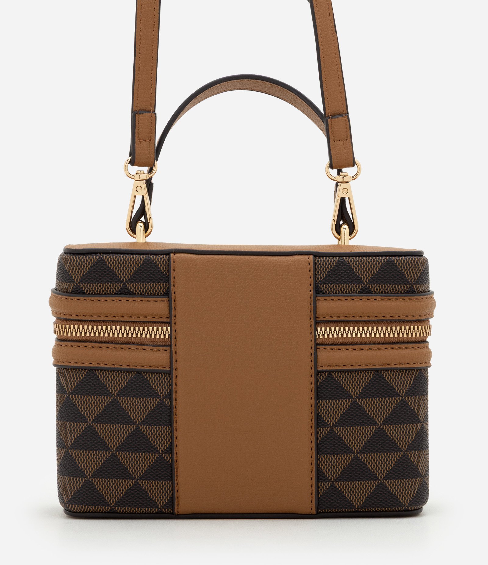 Bolsa Box Transversal em PU com Estampa Triângulos Marrom 4