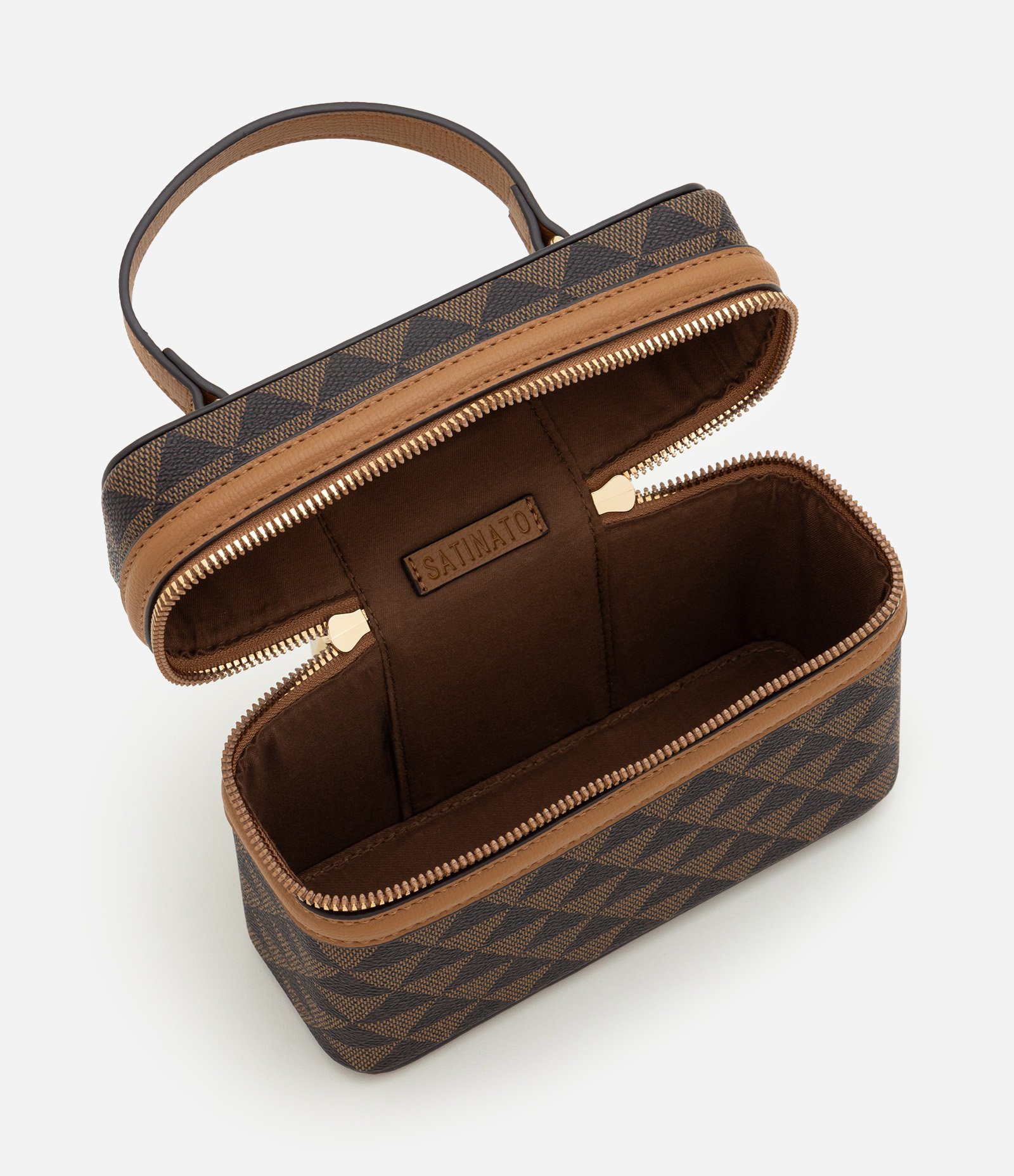 Bolsa Box Transversal em PU com Estampa Triângulos Marrom 5