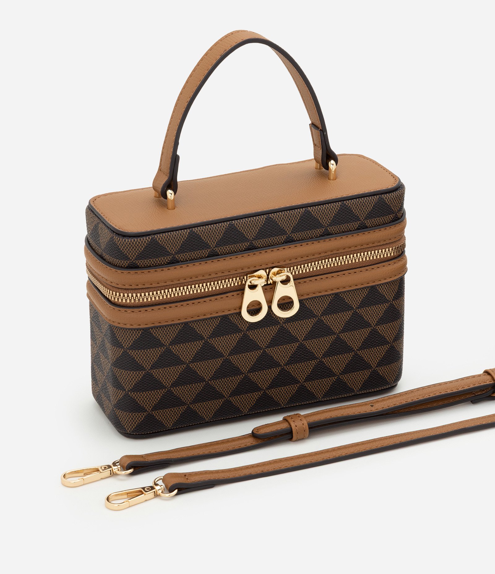 Bolsa Box Transversal em PU com Estampa Triângulos Marrom 7