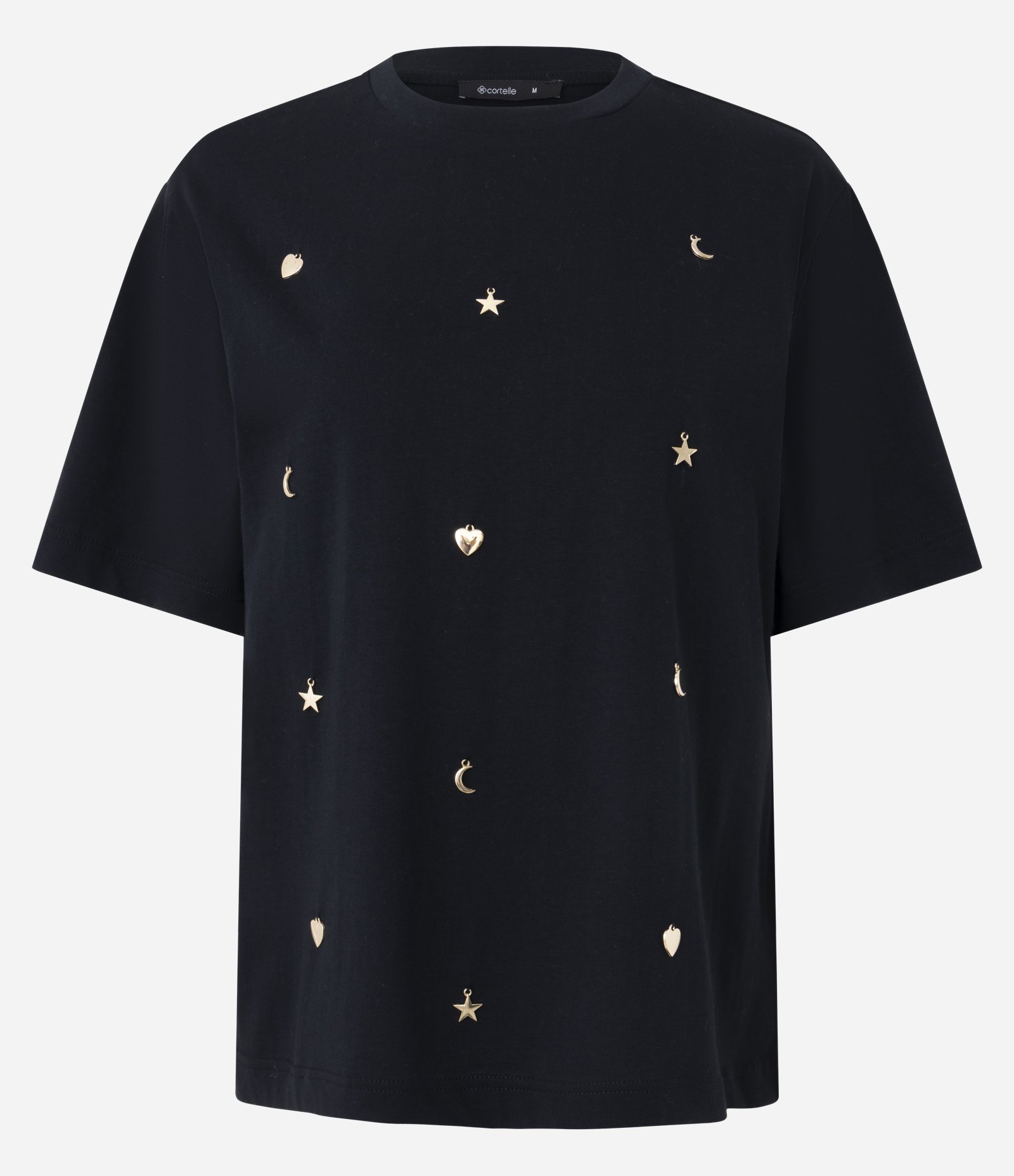 Camiseta Regular em Algodão com Aplicação de Pingentes Preto 1