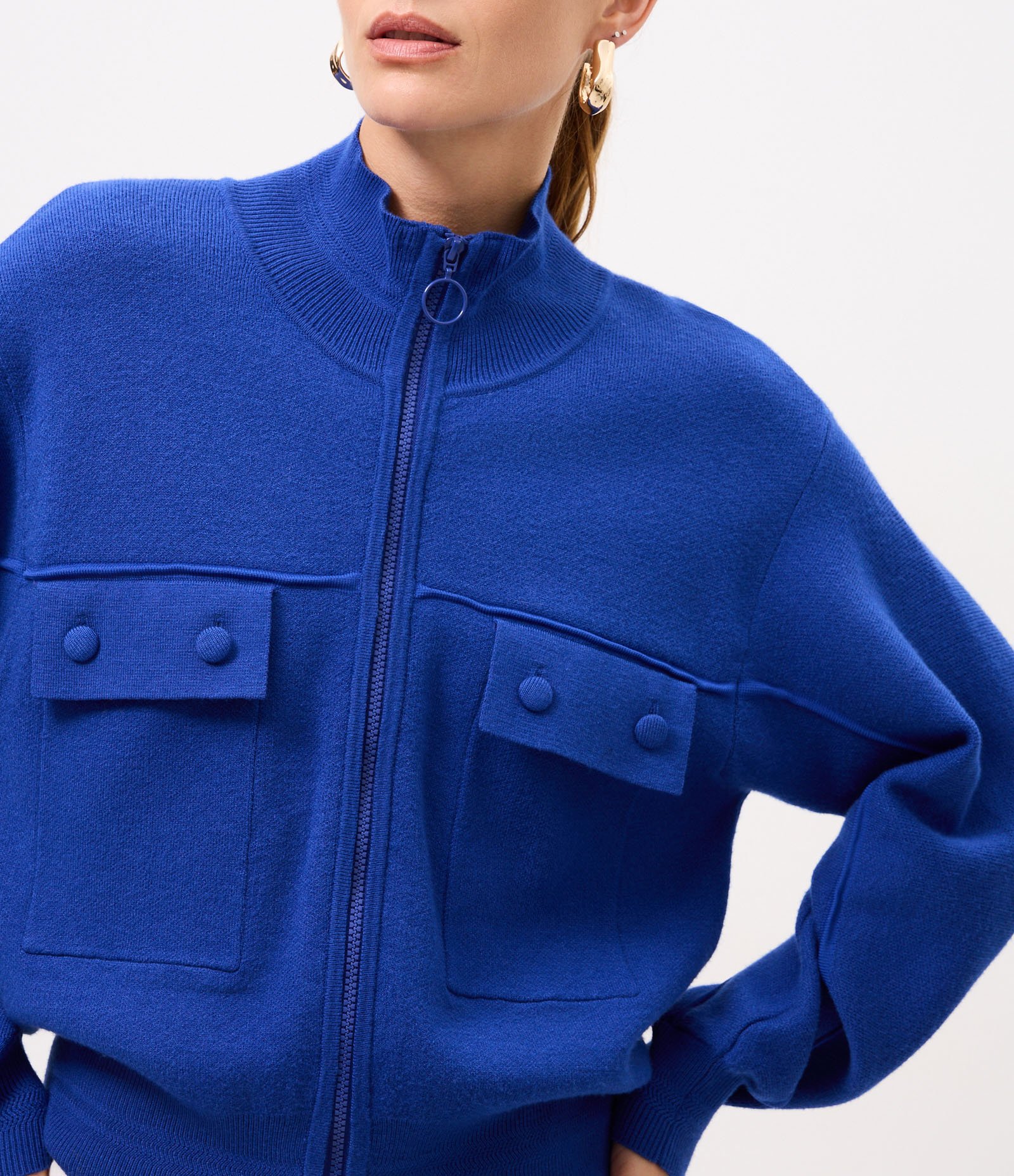 Jaqueta Regular em Tricô Pesado com Bolsos Frontais Azul 6