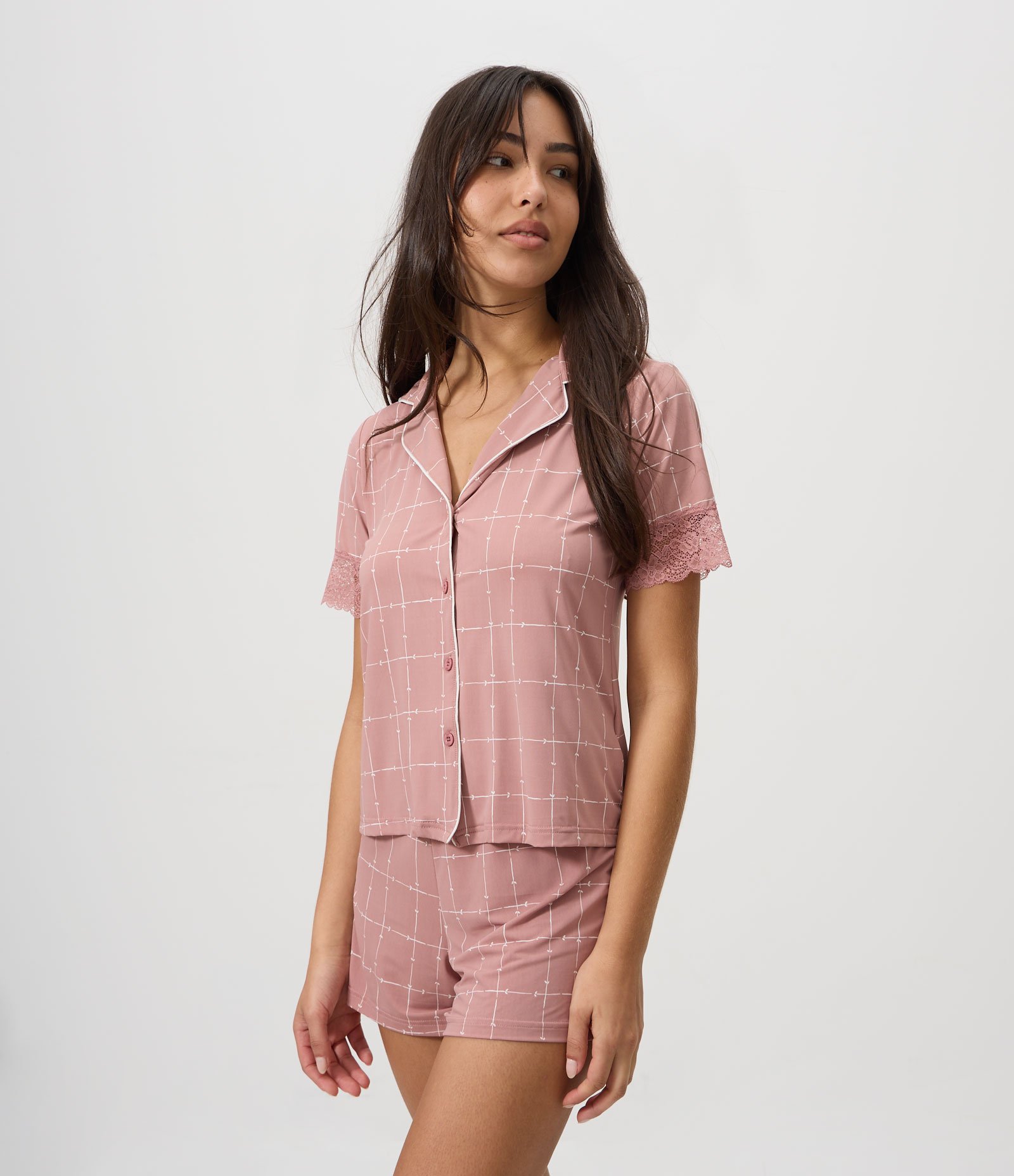 Pijama Curto Americano em Microfibra com Estampa Geométrica Rosa 1