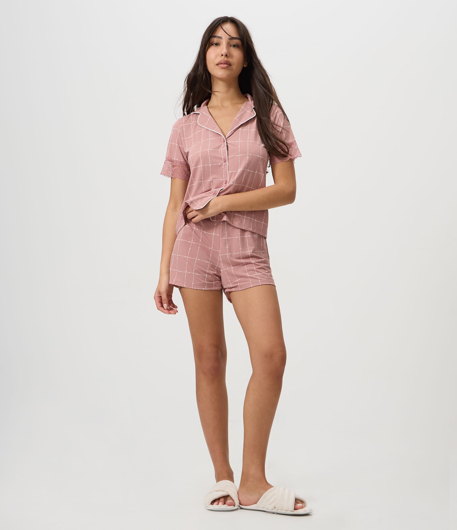 Pijama Curto Americano em Microfibra com Estampa Geométrica Rosa 2