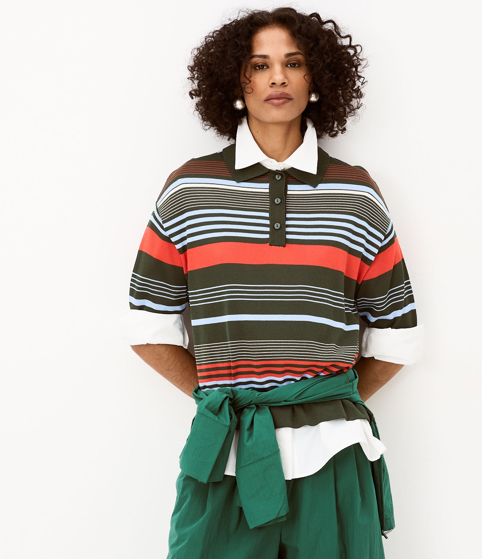 Blusa em Tricô com Gola Polo e Estampa Listrada Multicores 1