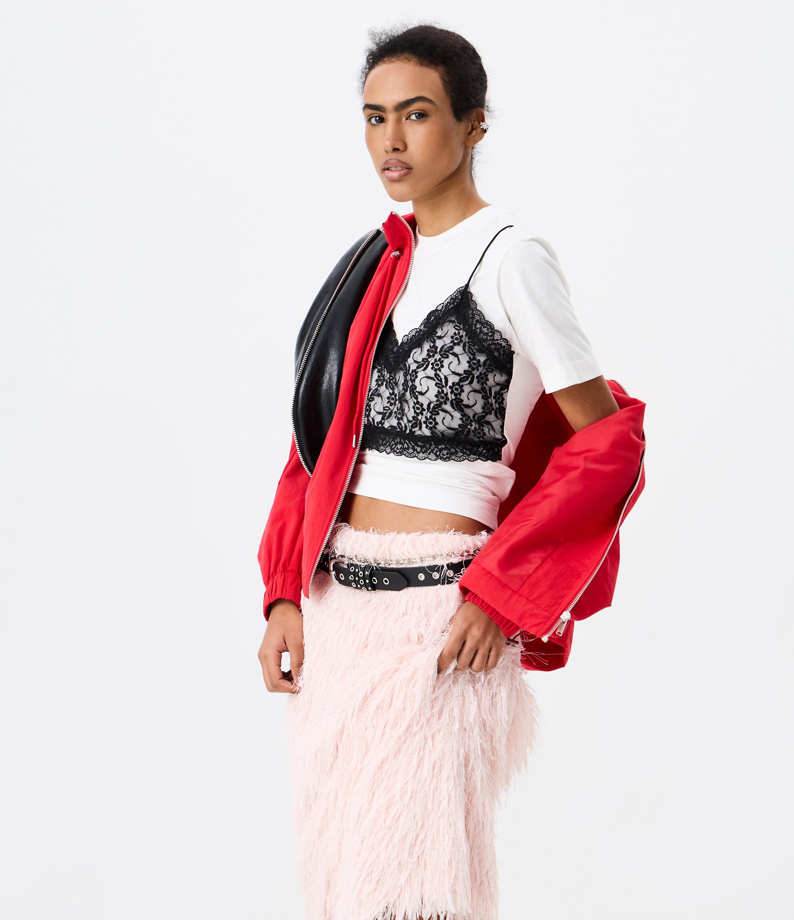 Saia Midi com Textura de Pelos Artificiais Rosa 2