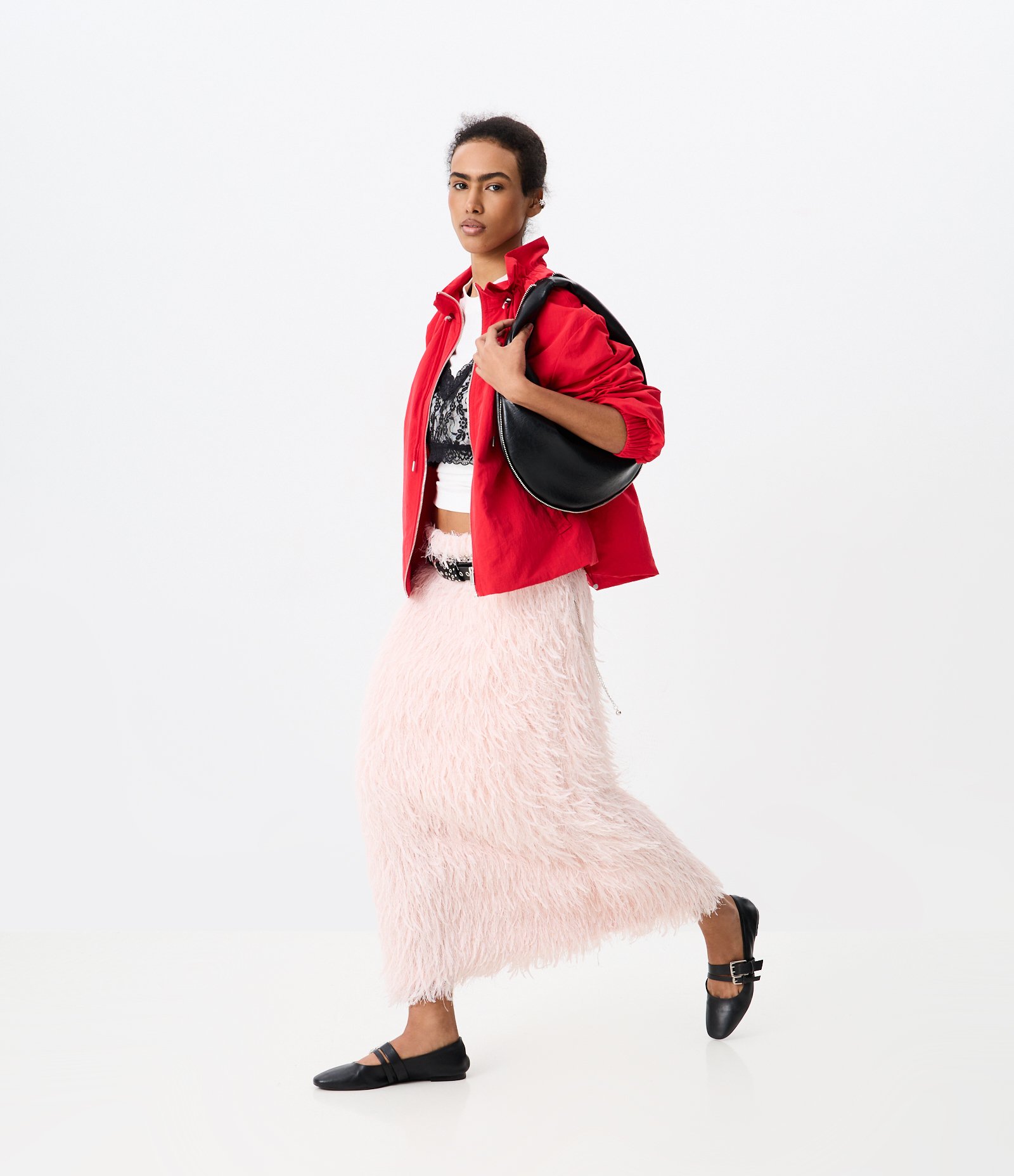 Saia Midi com Textura de Pelos Artificiais Rosa 3