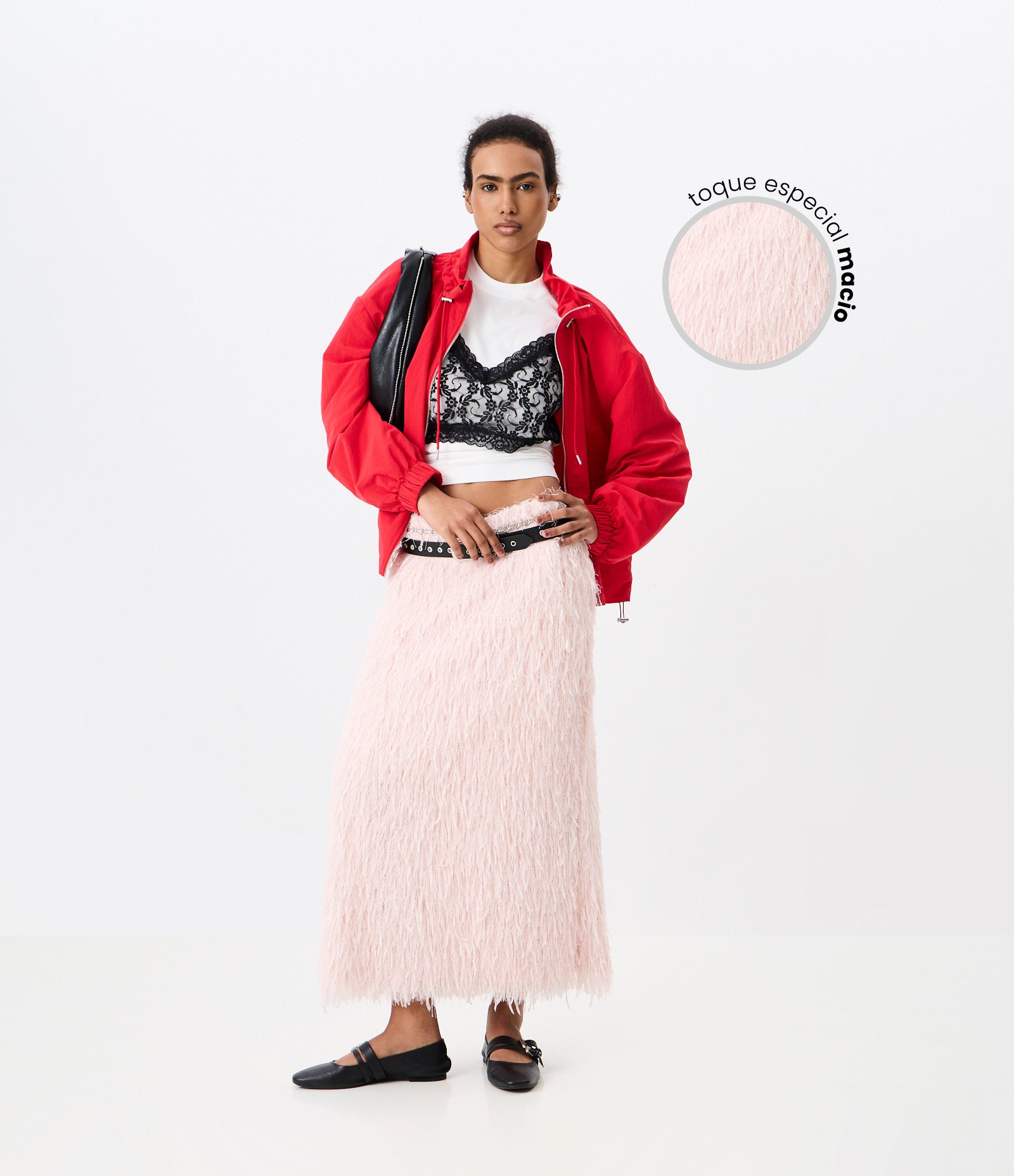Saia Midi com Textura de Pelos Artificiais Rosa 1