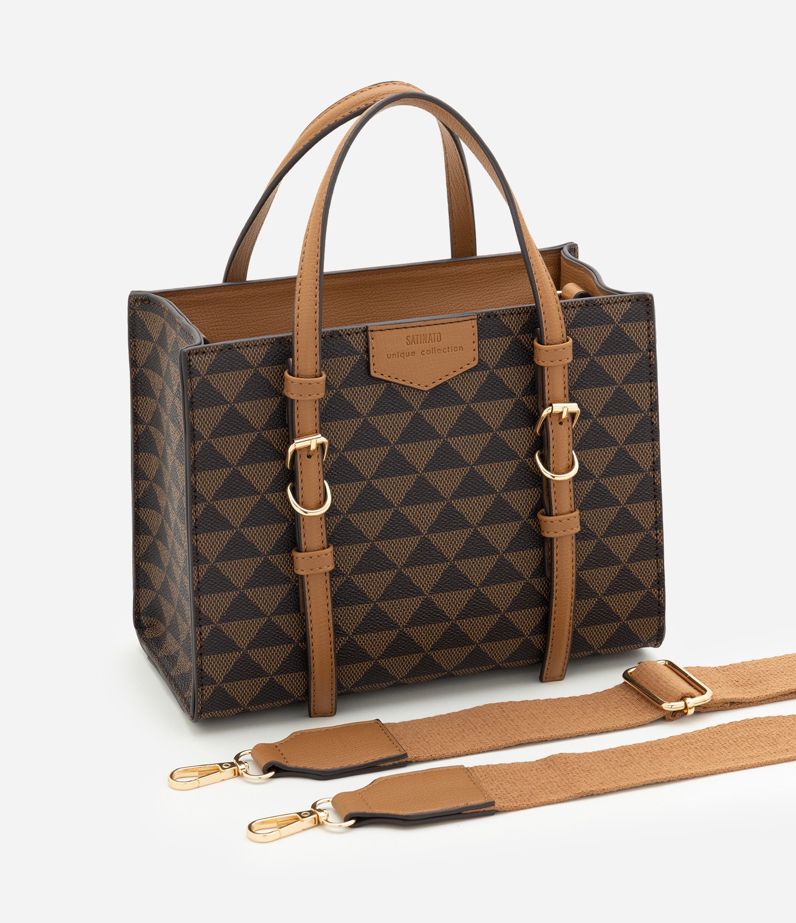 Bolsa Satchel Média em PU com Estampa Triângulos Marrom 9