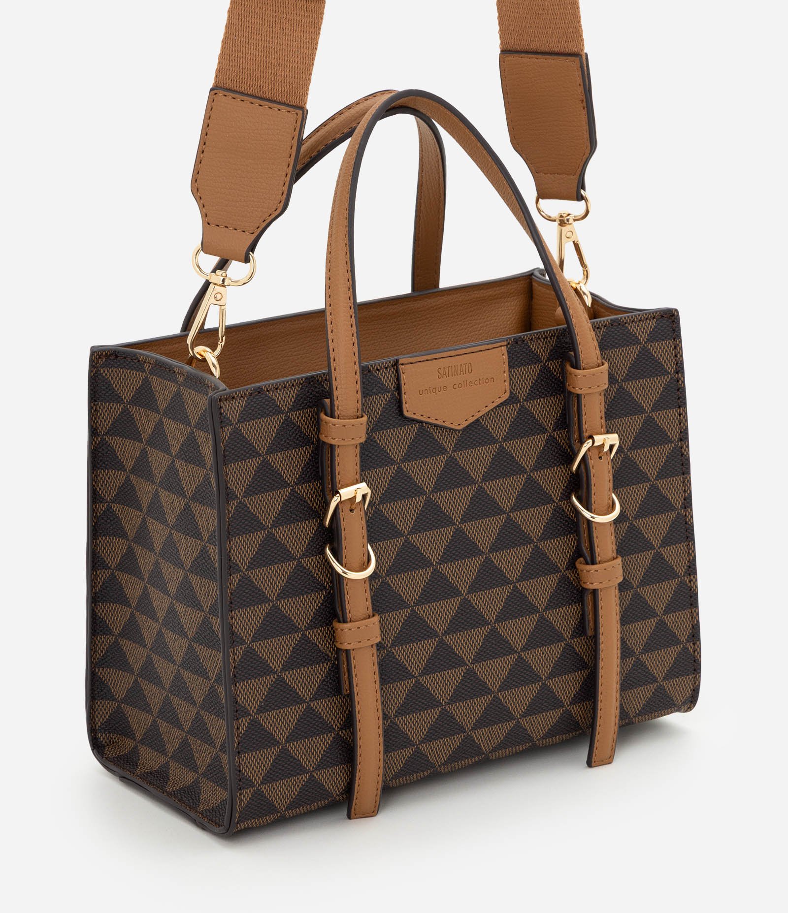 Bolsa Satchel Média em PU com Estampa Triângulos Marrom 2