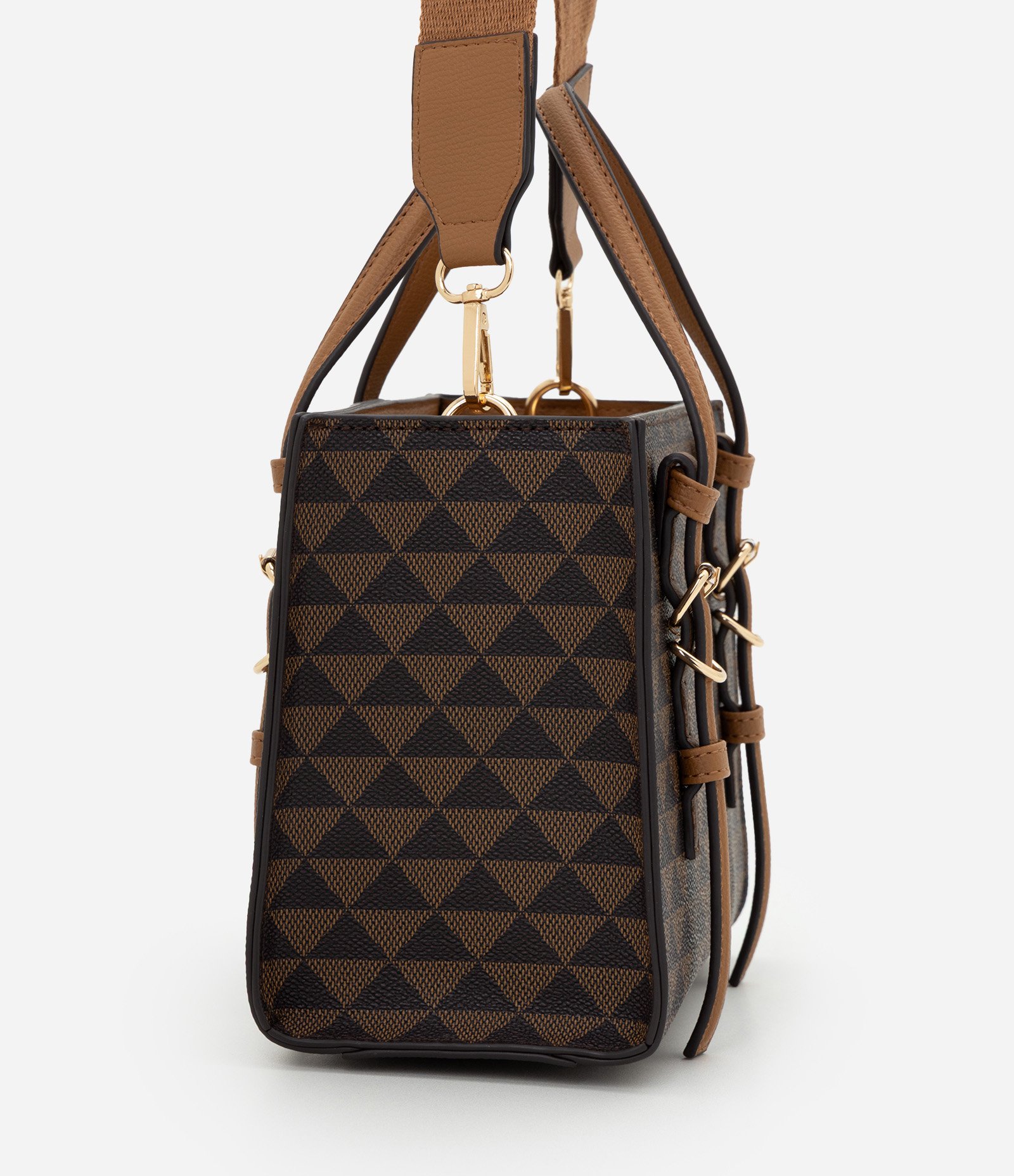Bolsa Satchel Média em PU com Estampa Triângulos Marrom 3