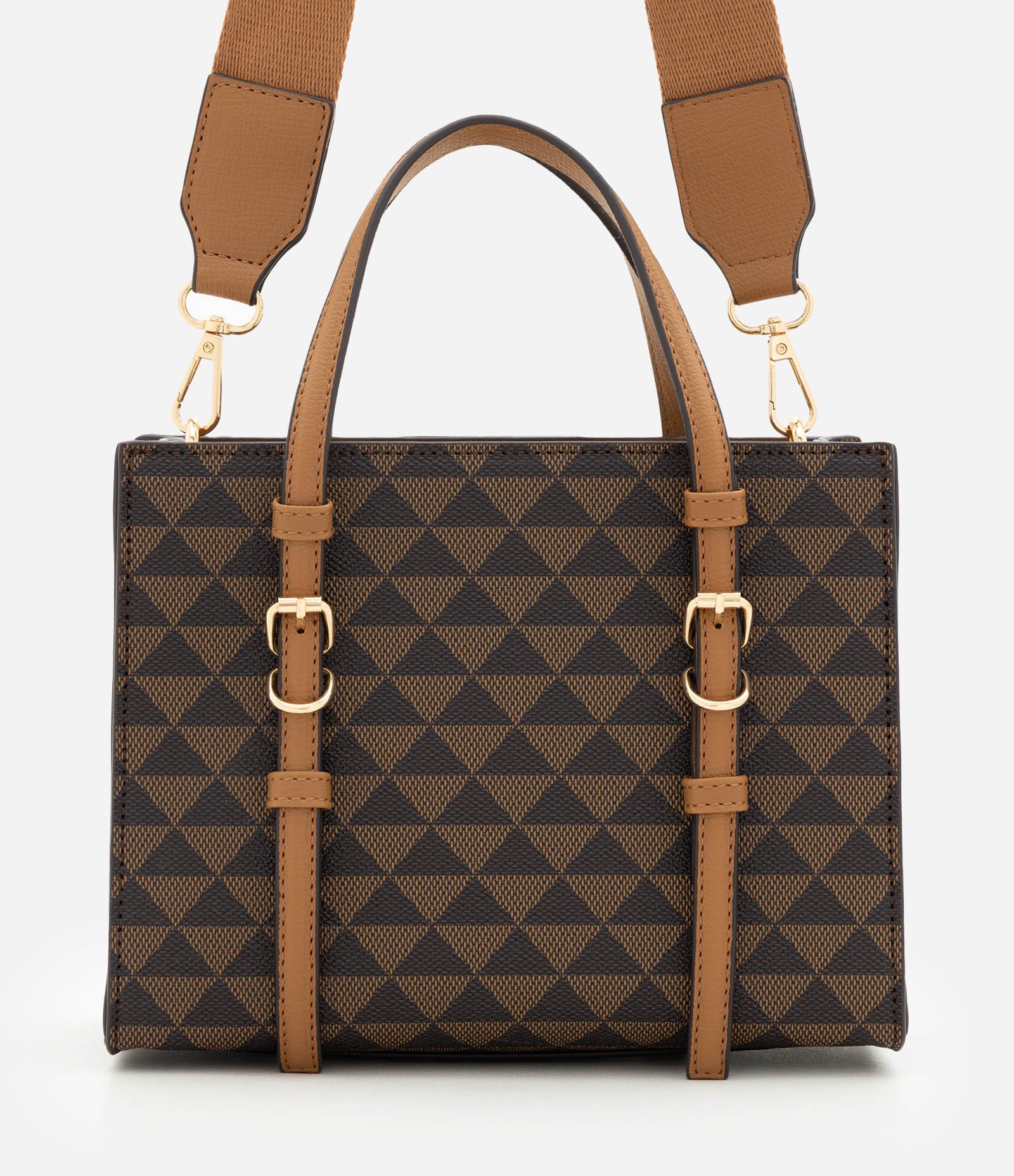 Bolsa Satchel Média em PU com Estampa Triângulos Marrom 4
