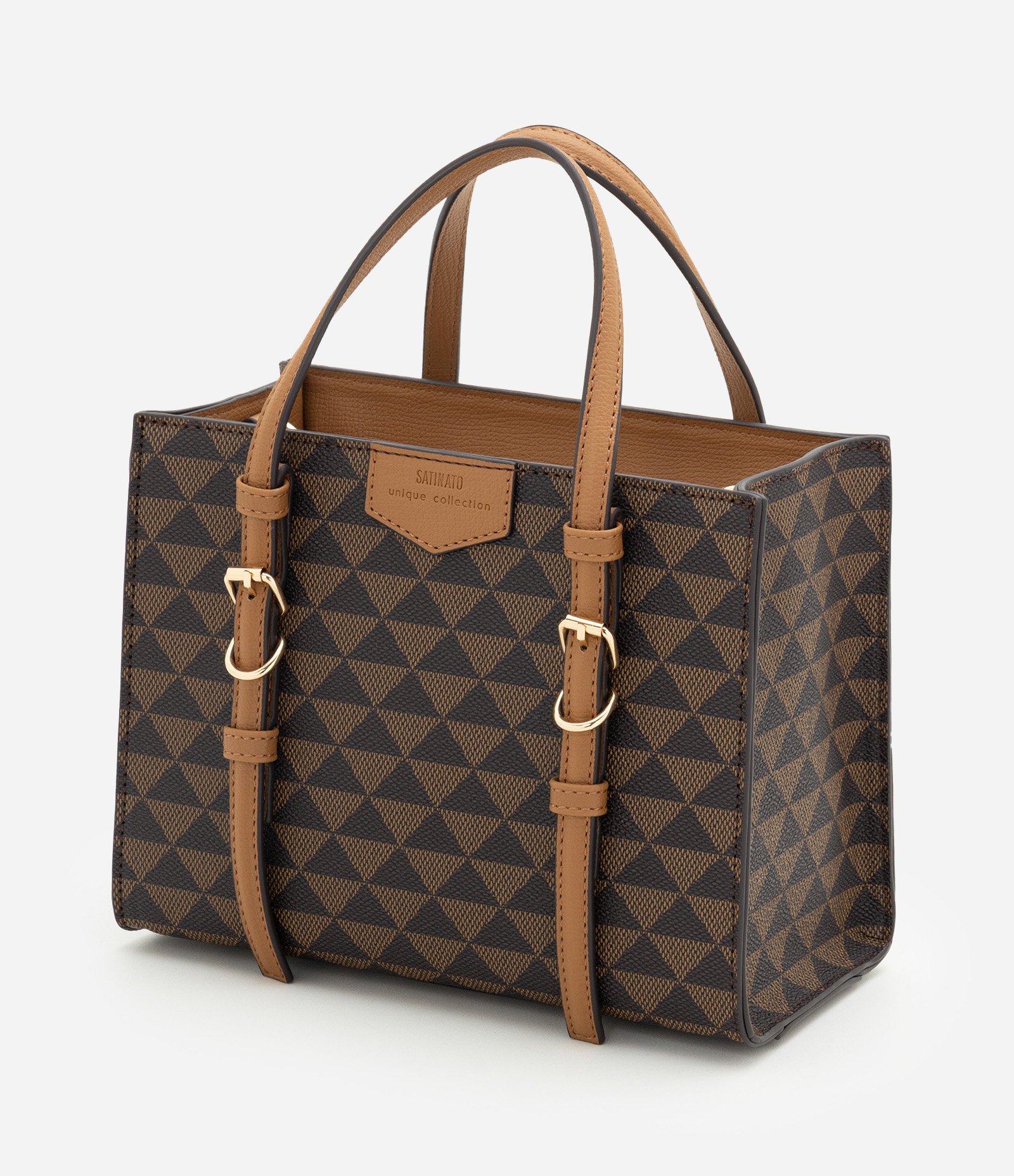 Bolsa Satchel Média em PU com Estampa Triângulos Marrom 5