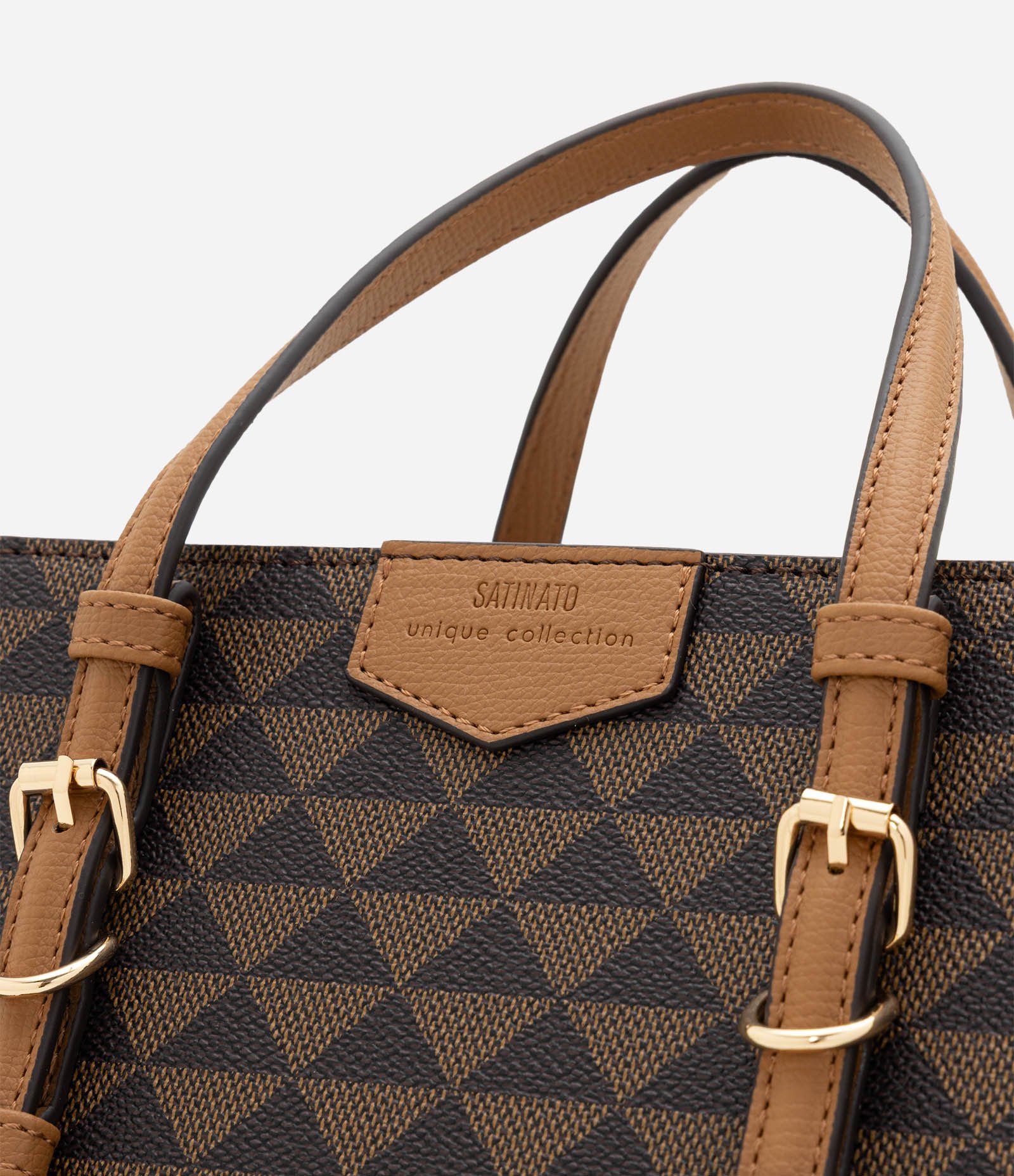 Bolsa Satchel Média em PU com Estampa Triângulos Marrom 6