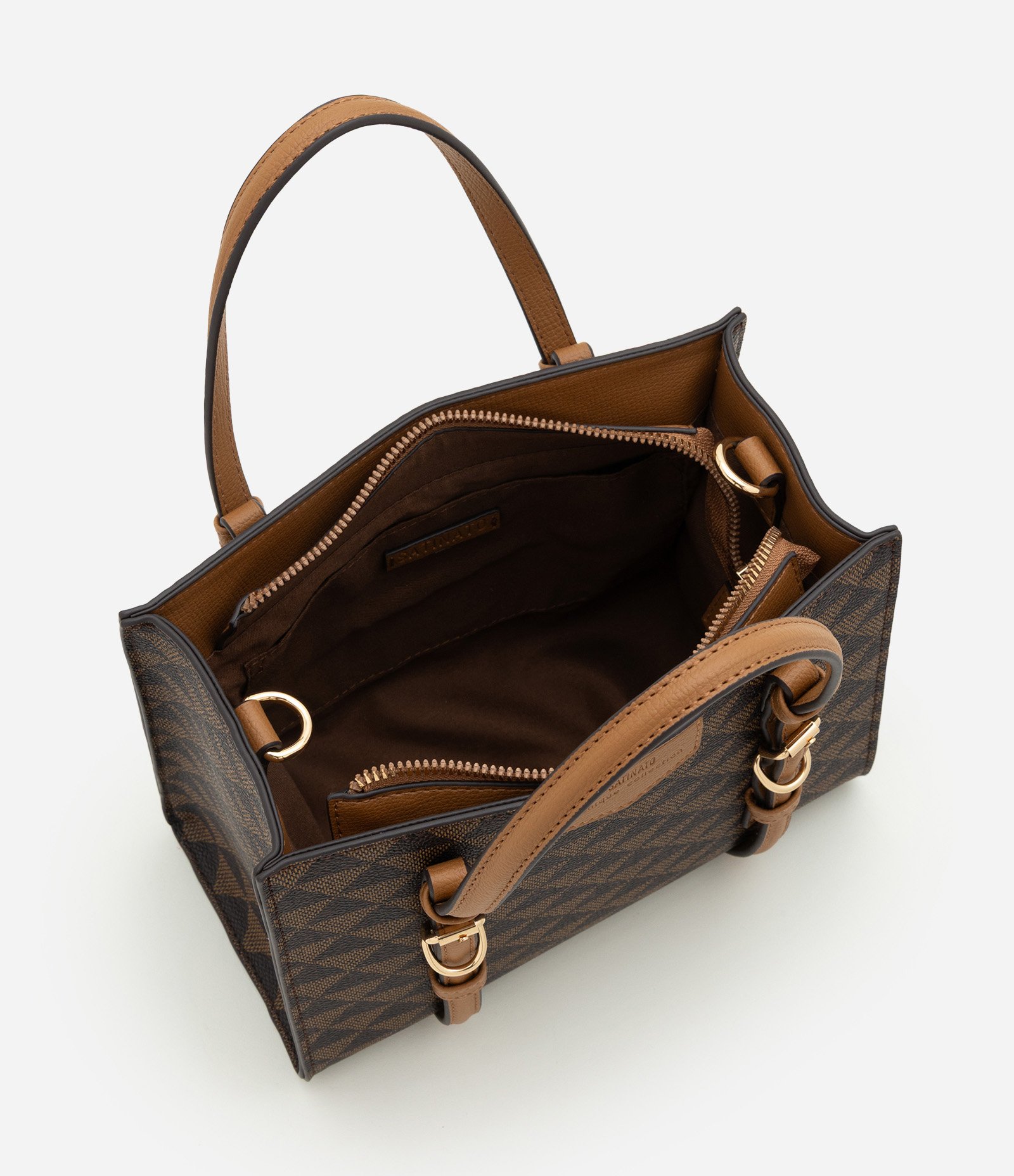 Bolsa Satchel Média em PU com Estampa Triângulos Marrom 7