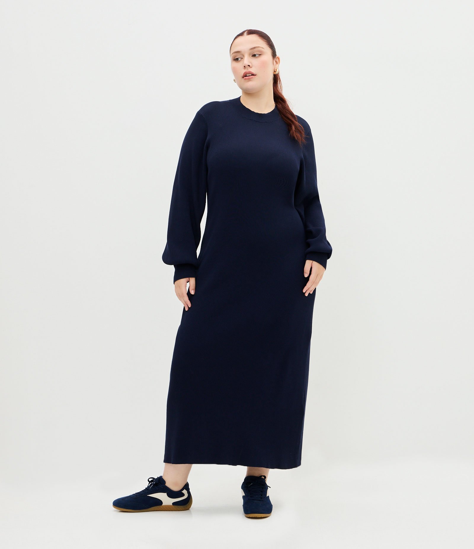 Vestido Midi em Tricô com Manga Bufante Curve & Plus Size Azul 1