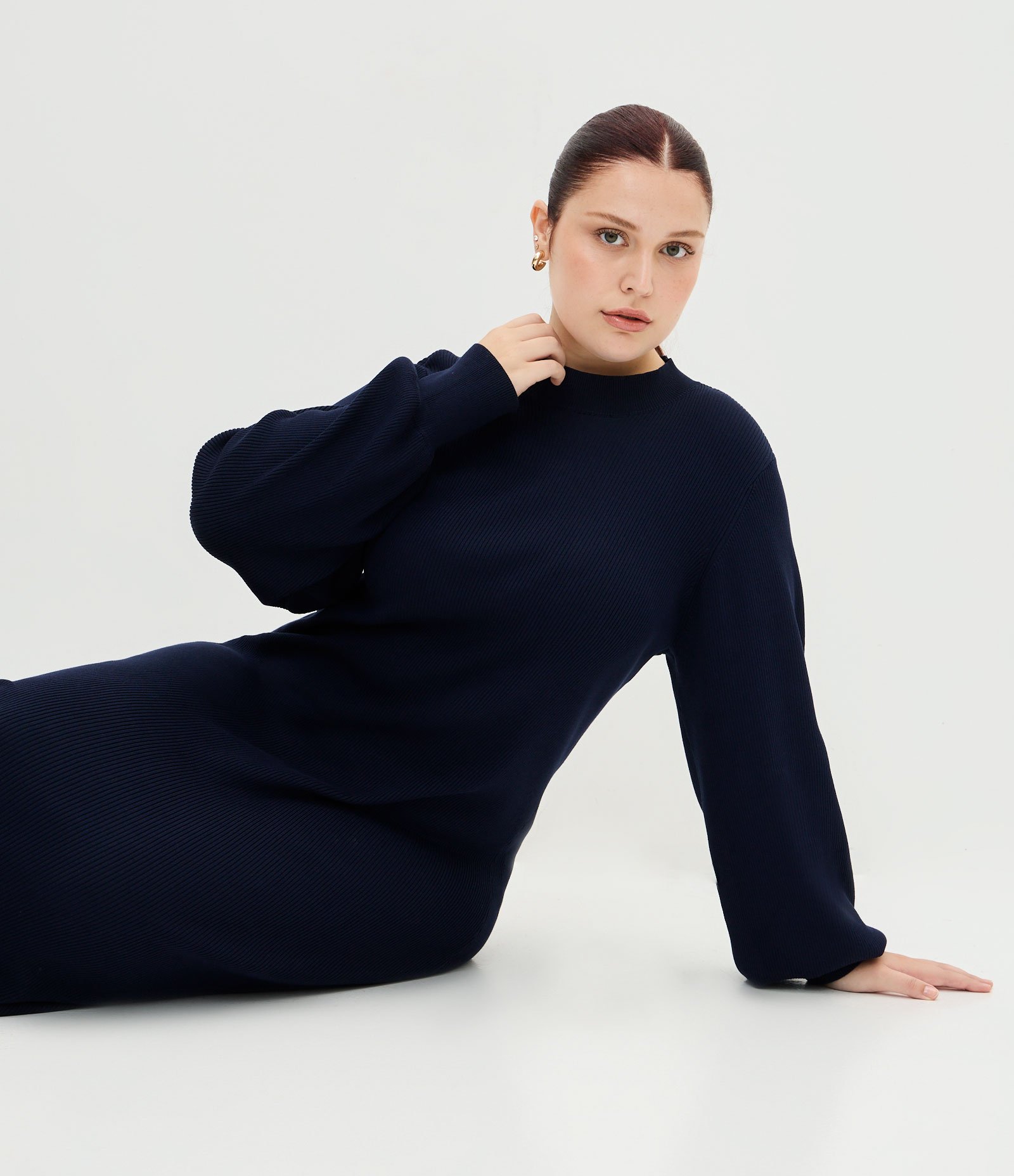 Vestido Midi em Tricô com Manga Bufante Curve & Plus Size Azul 2