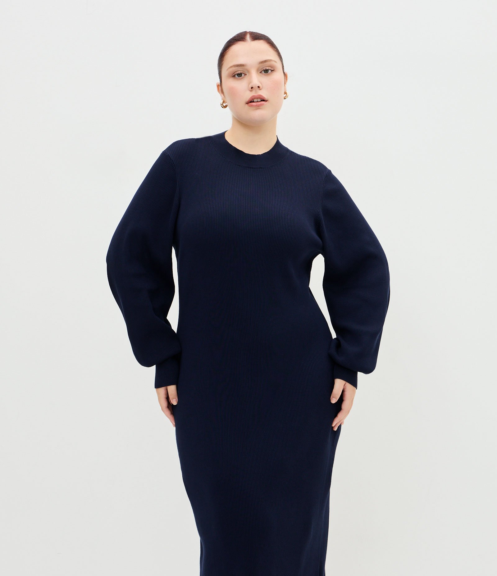Vestido Midi em Tricô com Manga Bufante Curve & Plus Size Azul 3