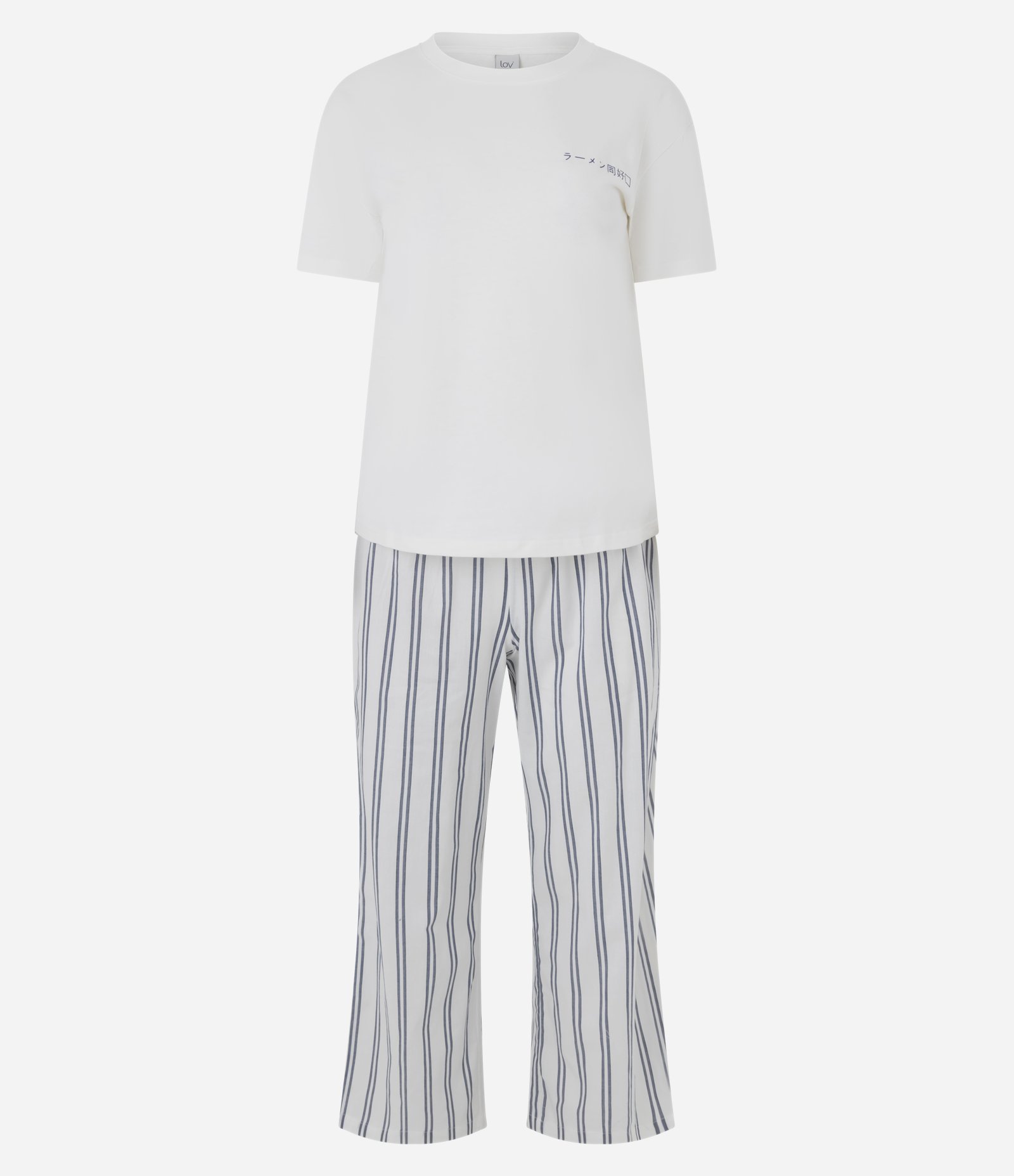Pijama Longo em Algodão com Estampa de Listras e Ramen Branco 7