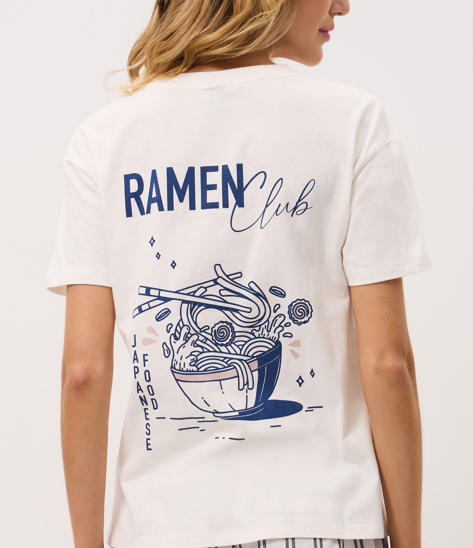 Pijama Longo em Algodão com Estampa de Listras e Ramen Branco 3