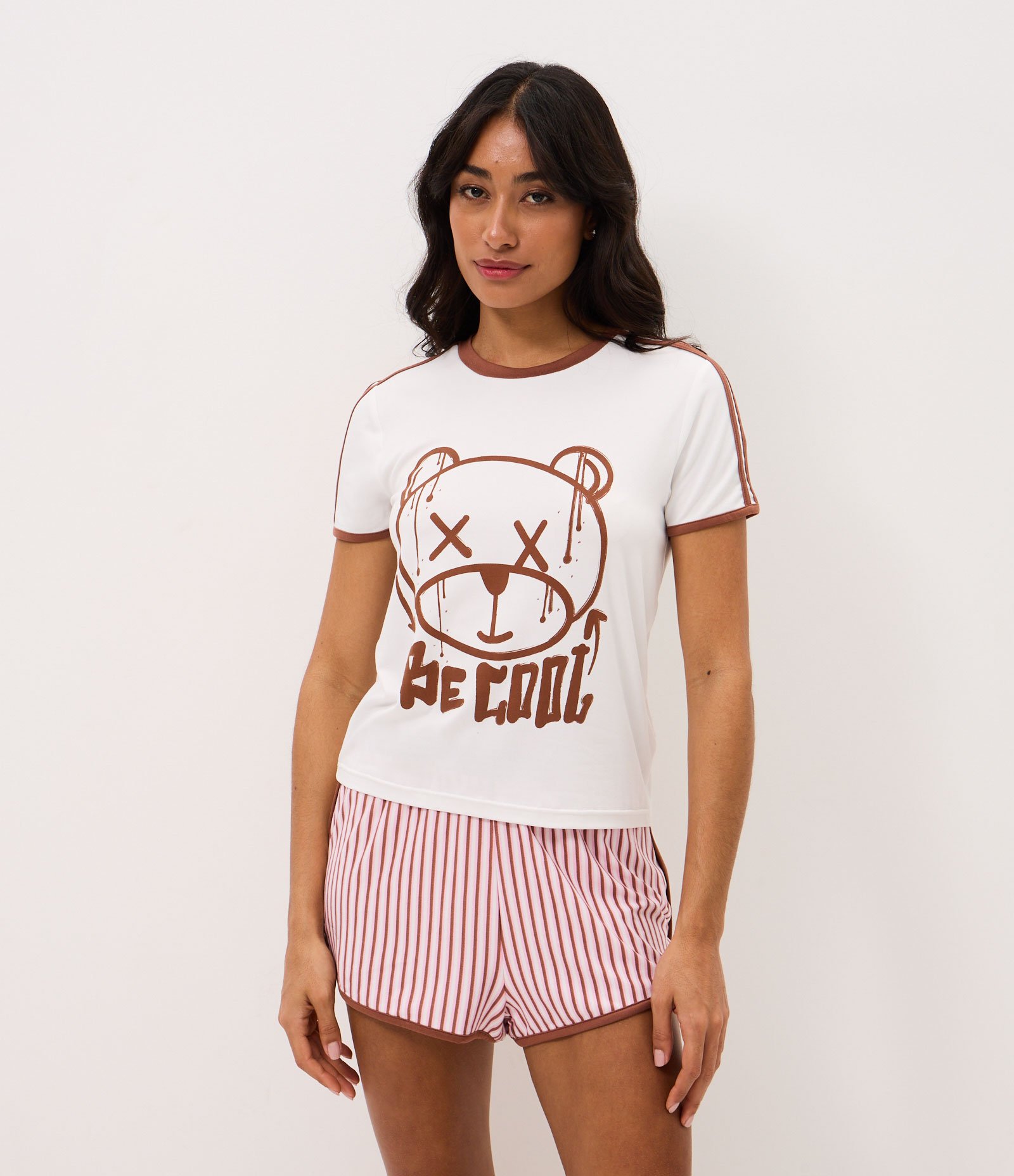Pijama Curto em Peach Touch com Estampa de Urso Branco/Vermelho 1