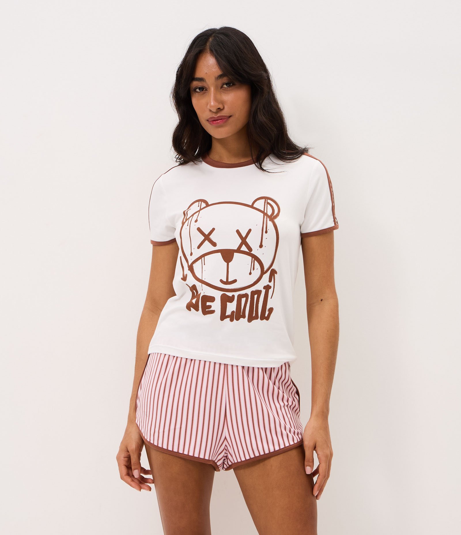 Pijama Curto em Peach Touch com Estampa de Urso Branco/Vermelho 2