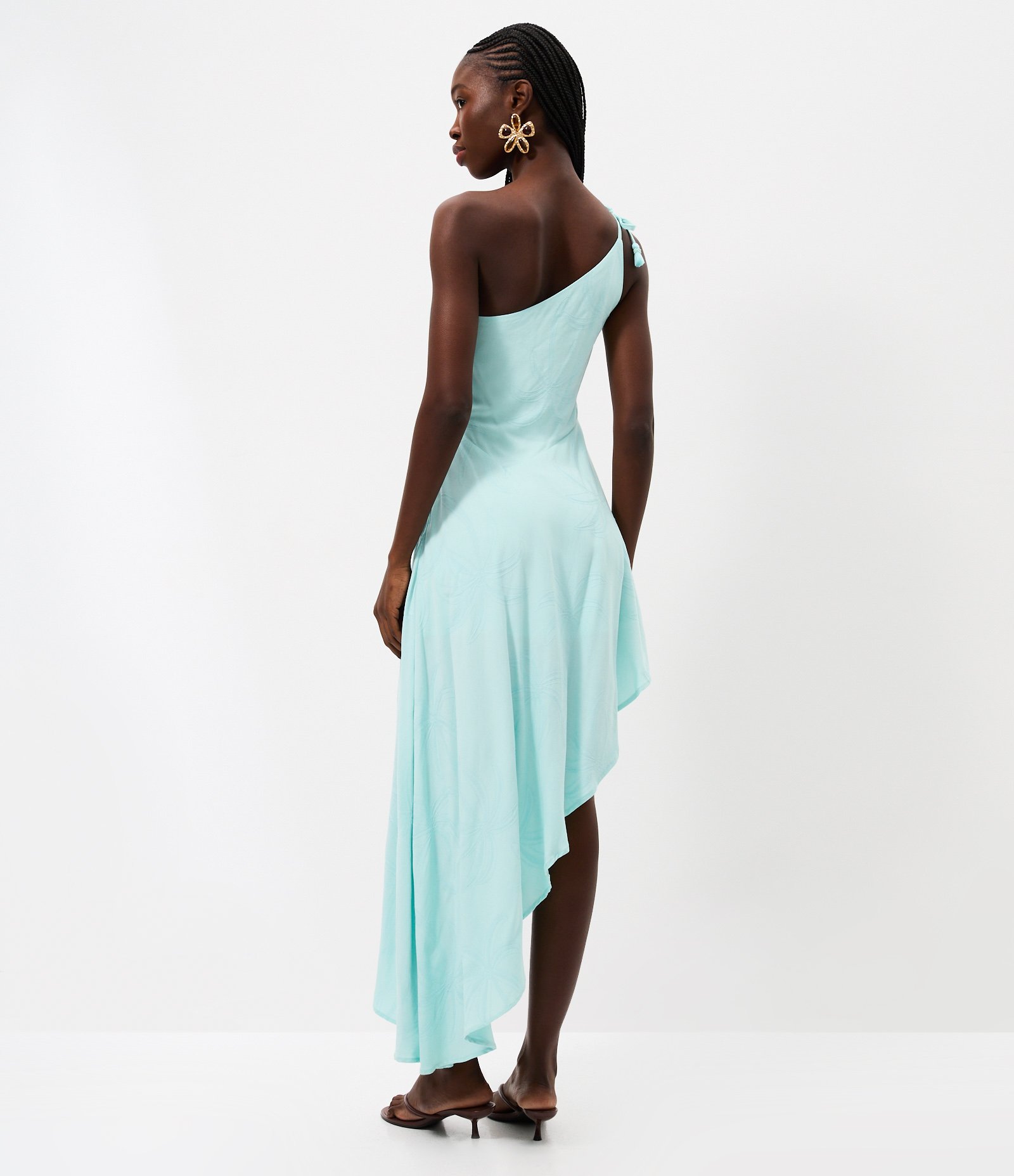 Vestido Assimétrico Ombro Único em Viscose Texturizada com Babado Azul 3