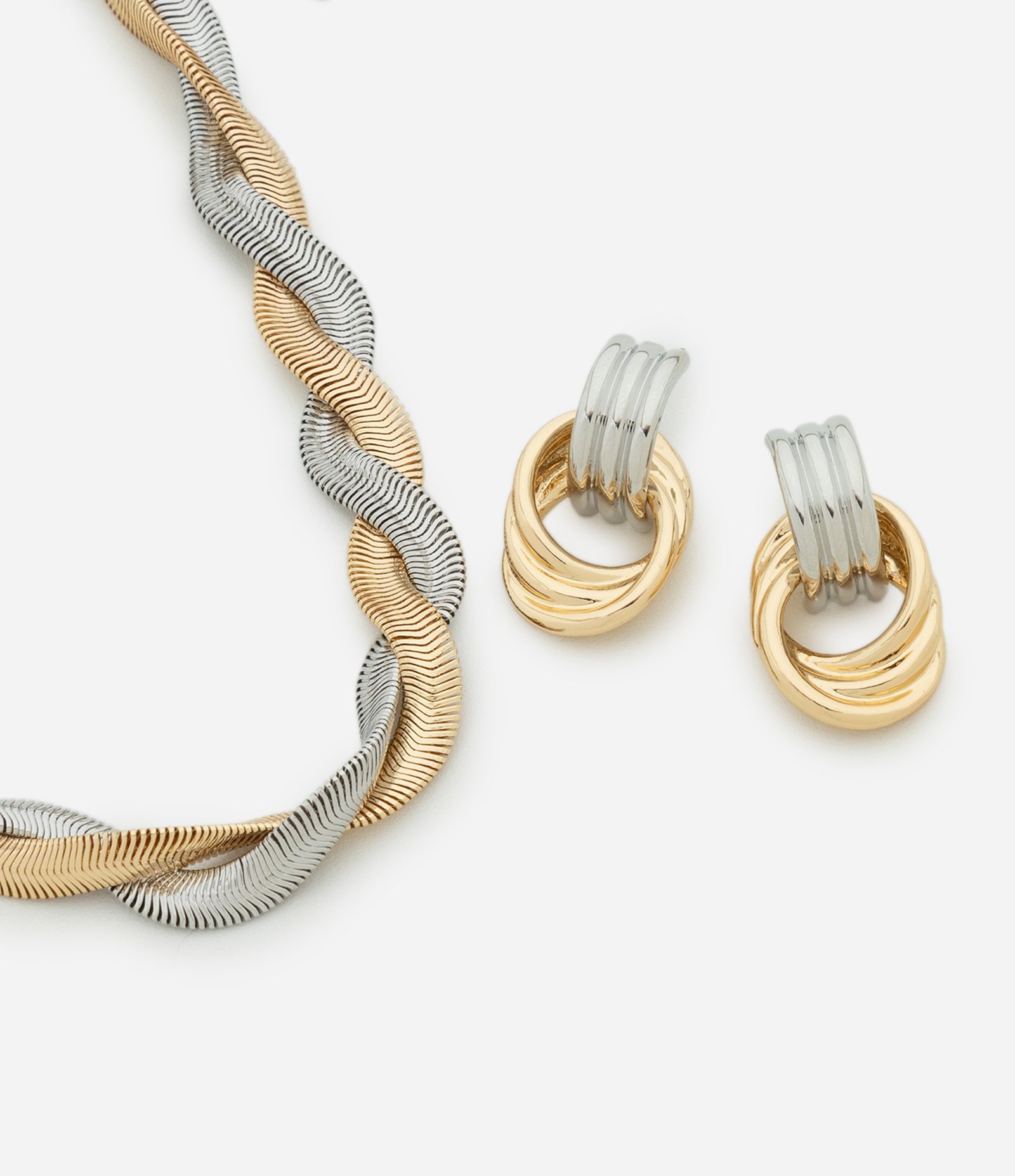 Conjunto Colar Entrelaçado e Brincos com Formato de Nó Multicores 1
