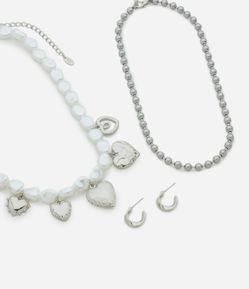 Conjunto de Colar Camadas com Pérolas e Brincos Argola