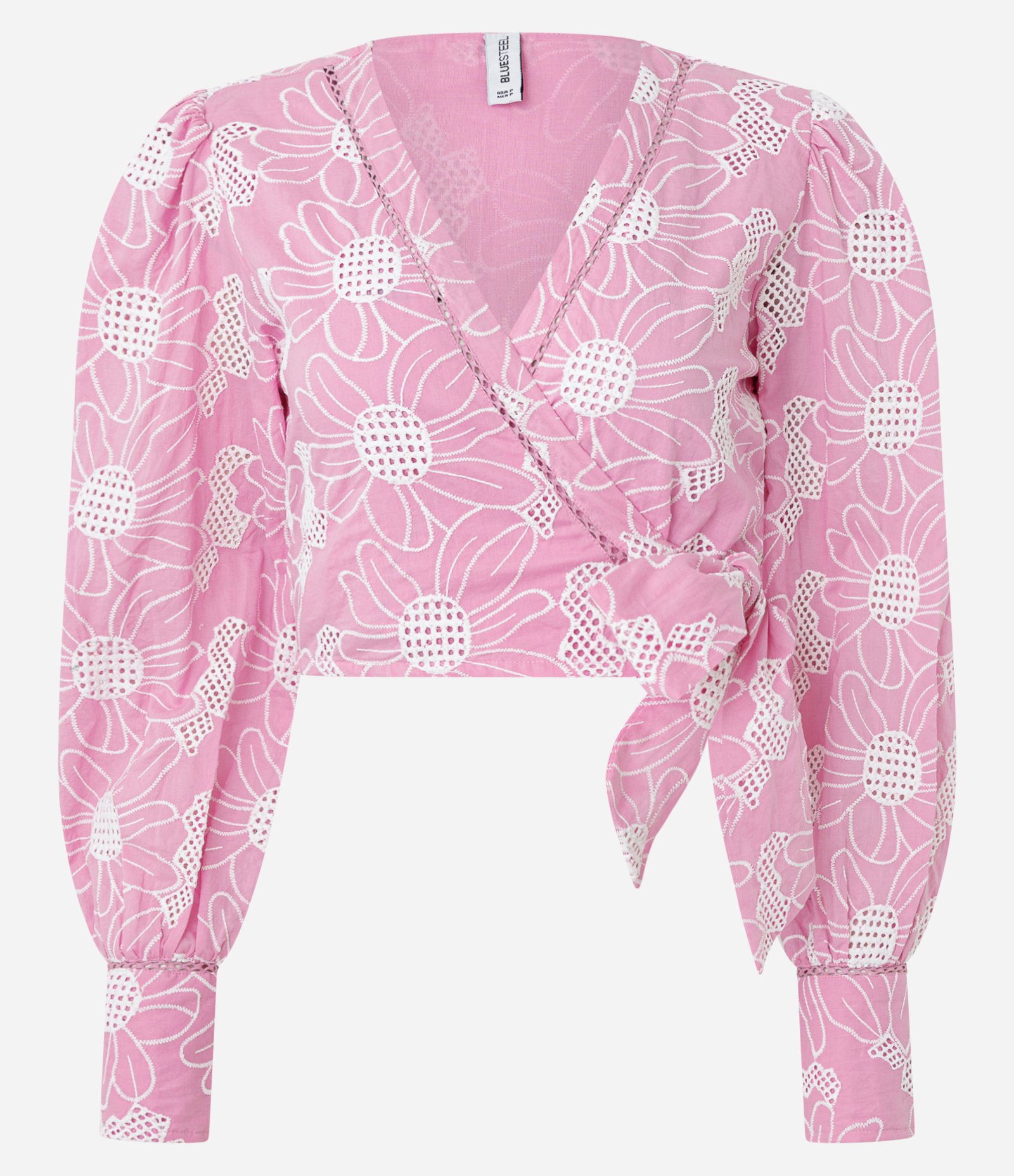 Blusa em Laise Floral com Decote Transpassado e Amarração Rosa 5