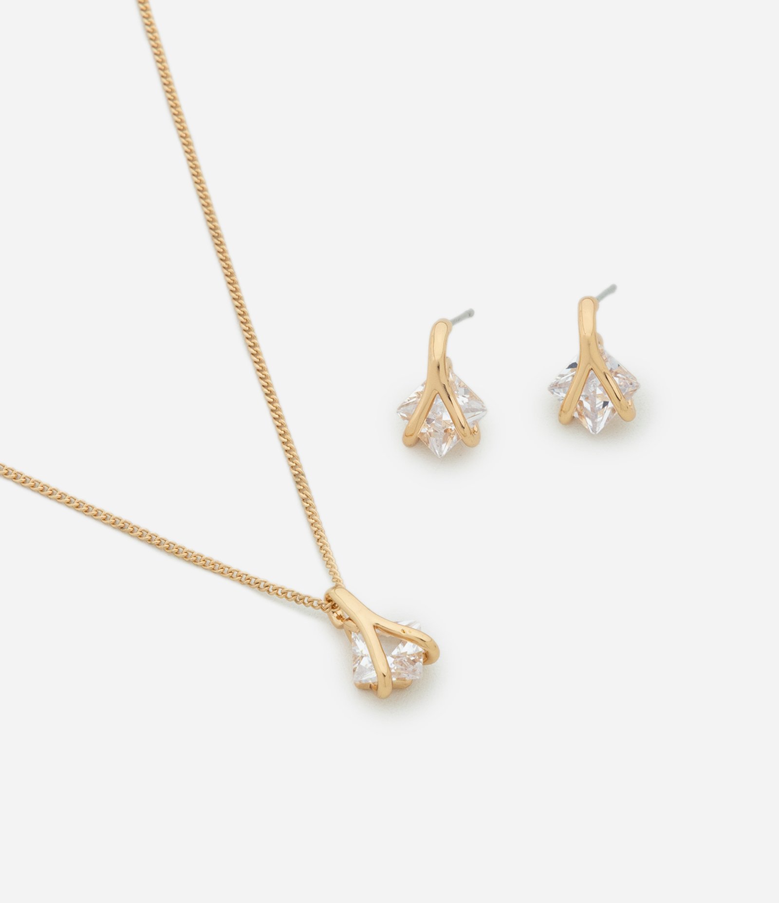 Conjunto de Colar e Brincos com Pingente de Pedra Brilhante Dourado 1
