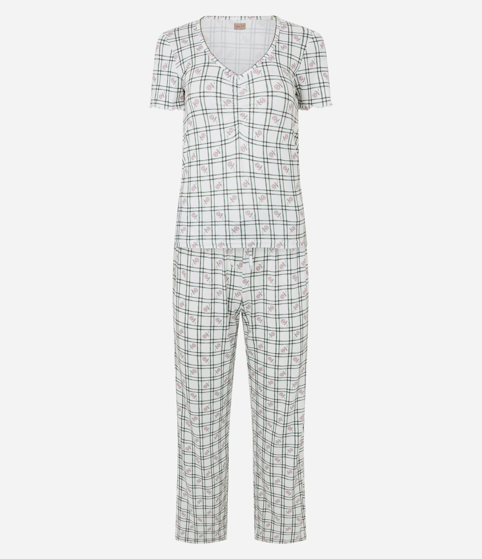 Pijama Longo em Peach Touch com Estampa Xadrez e Florzinhas Branco 5