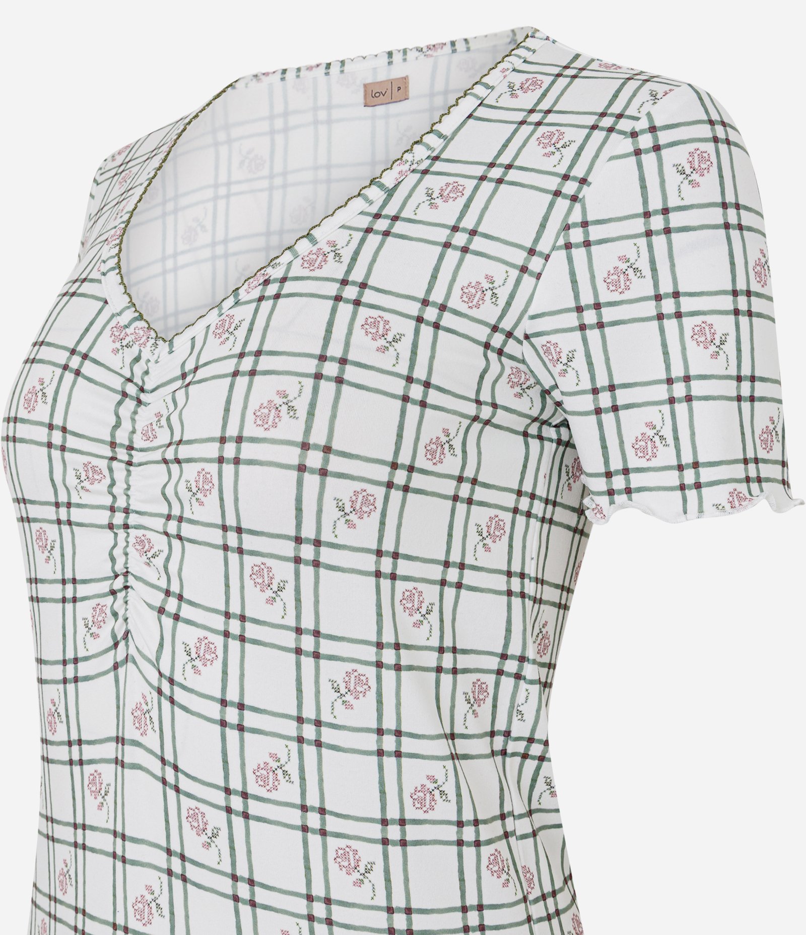 Pijama Longo em Peach Touch com Estampa Xadrez e Florzinhas Branco 6