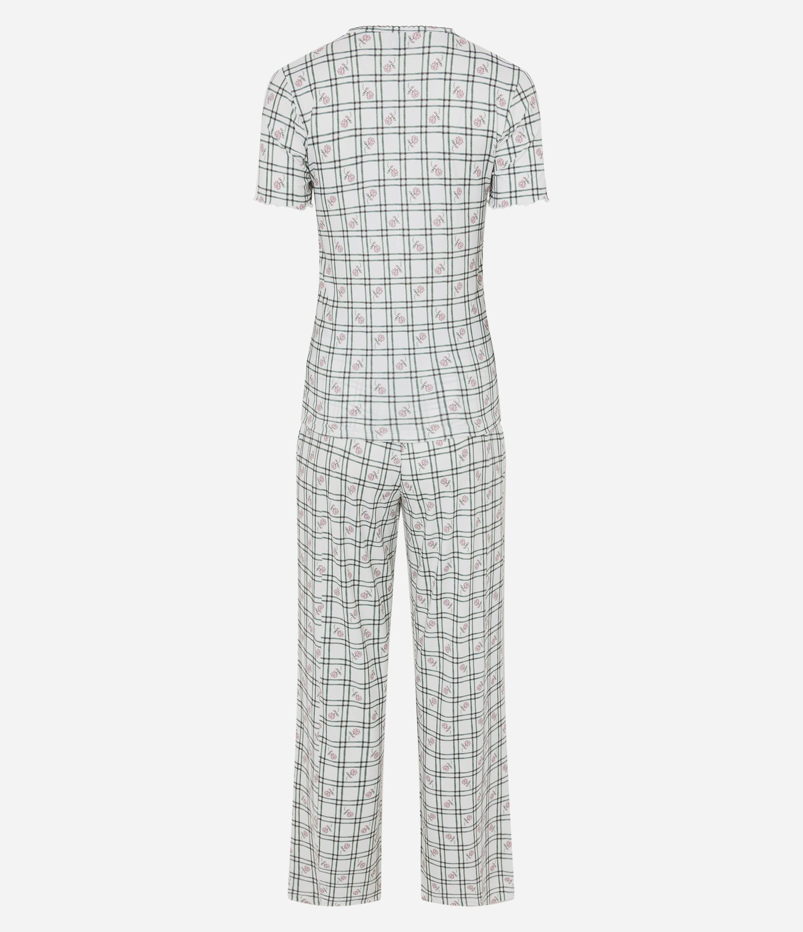 Pijama Longo em Peach Touch com Estampa Xadrez e Florzinhas Branco 7