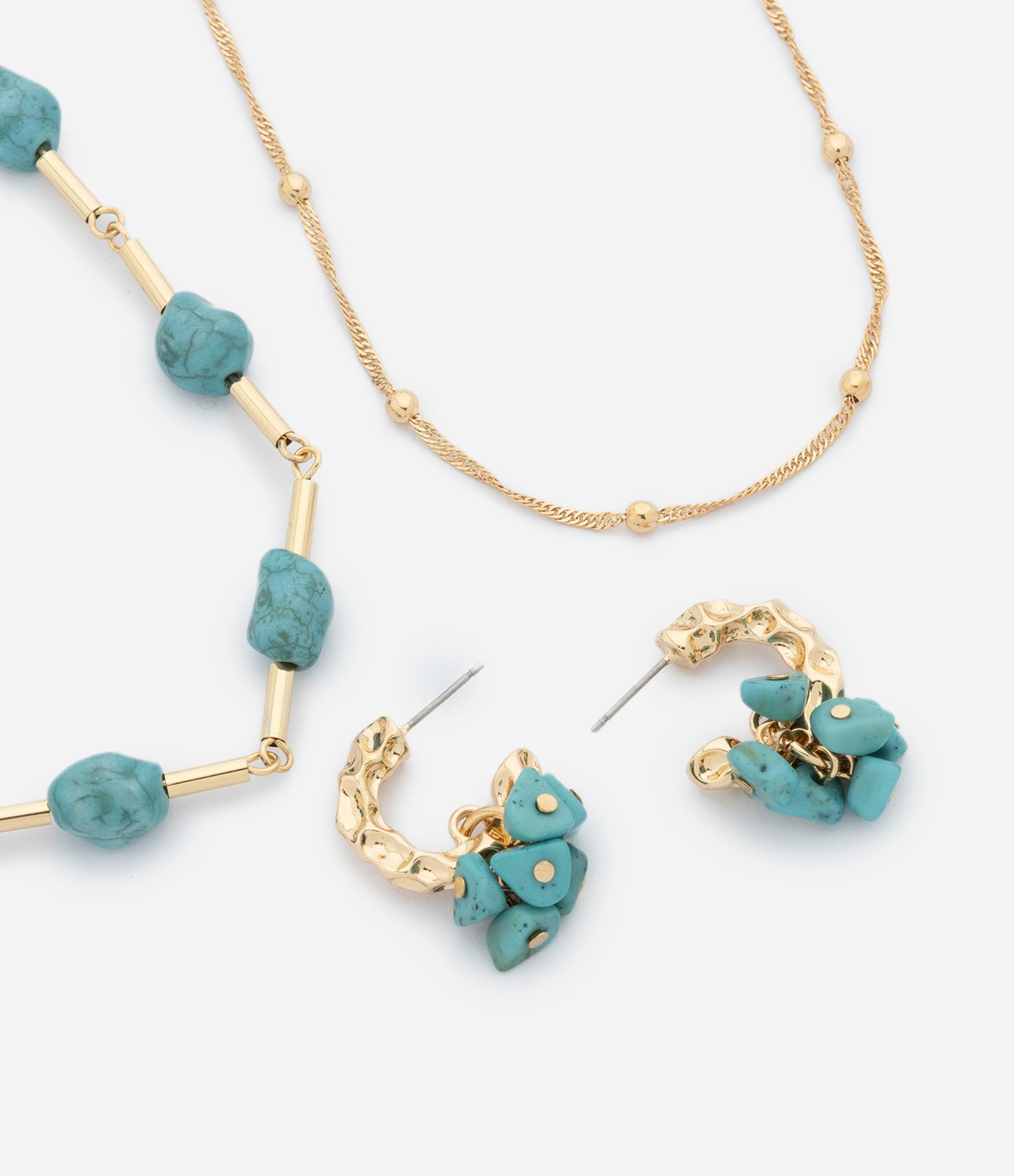 Conjunto Colar Camadas e Brincos com Pingentes de Cascalho Dourado 2
