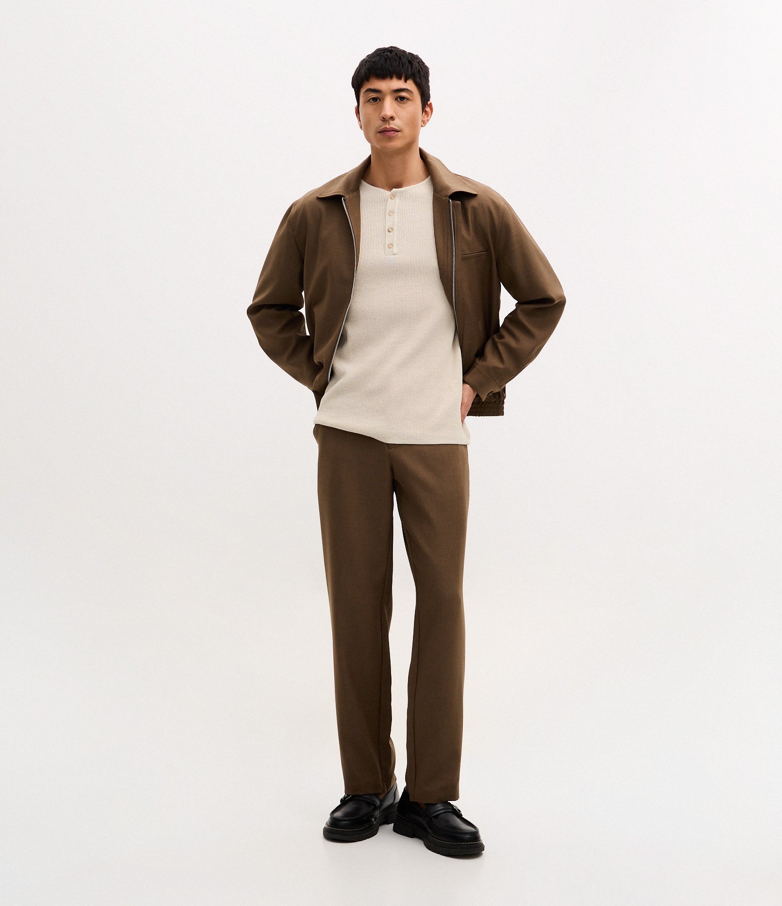 Camiseta Manga Longa Texturizado Henley Bege 2