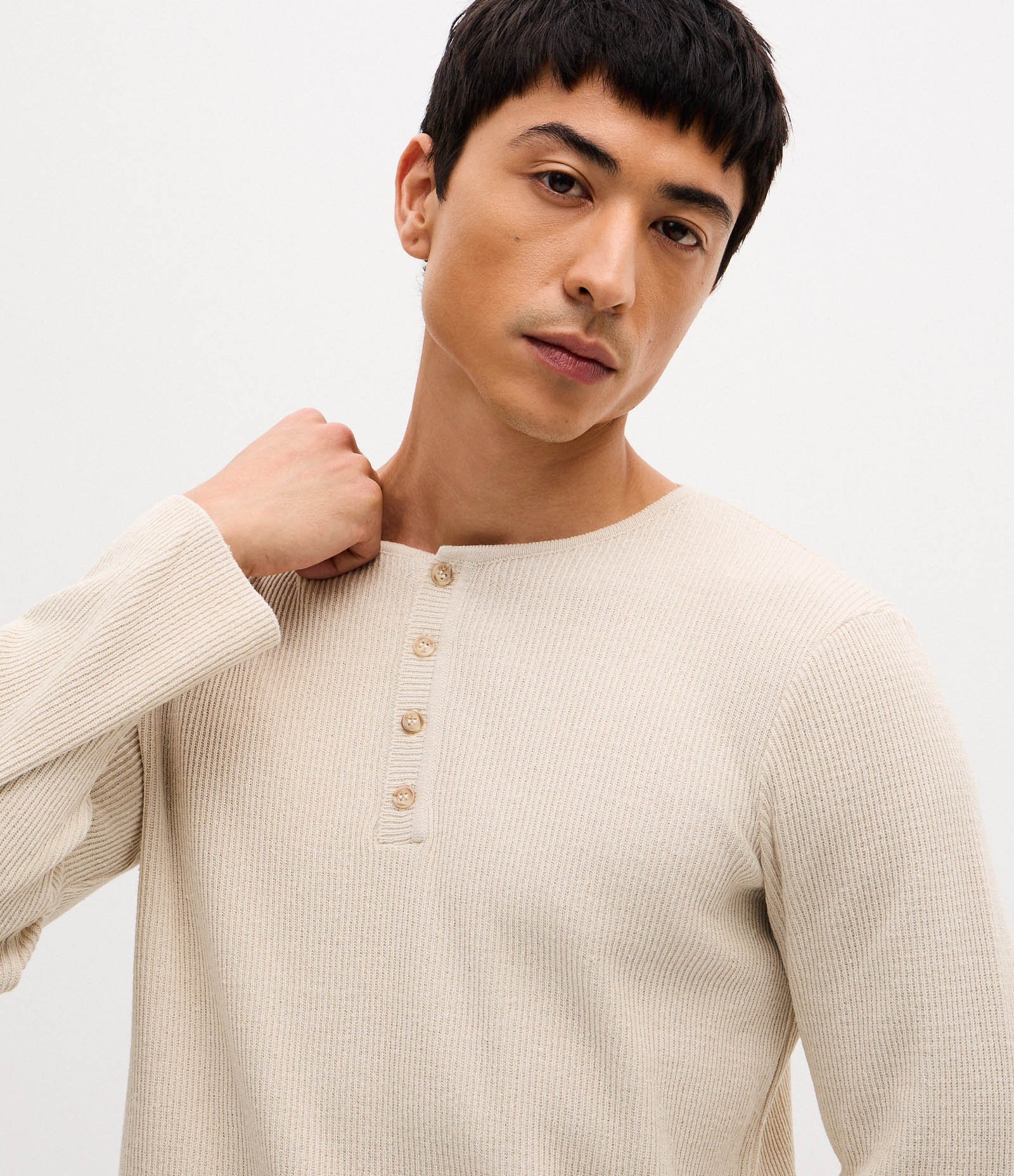 Camiseta Manga Longa Texturizado Henley Bege 4
