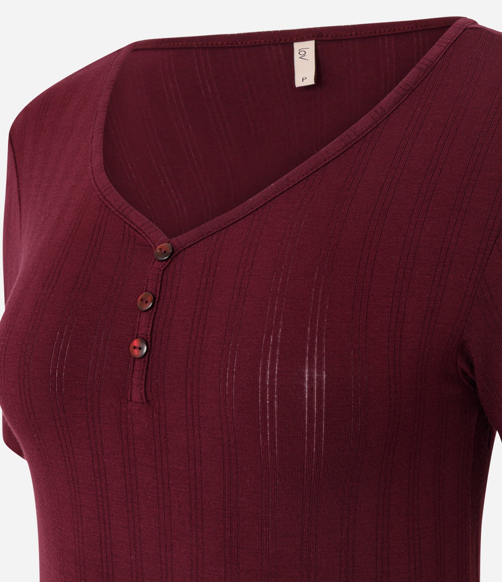 Blusa de Pijama em Ribana com Decote V e Botões Vinho 6