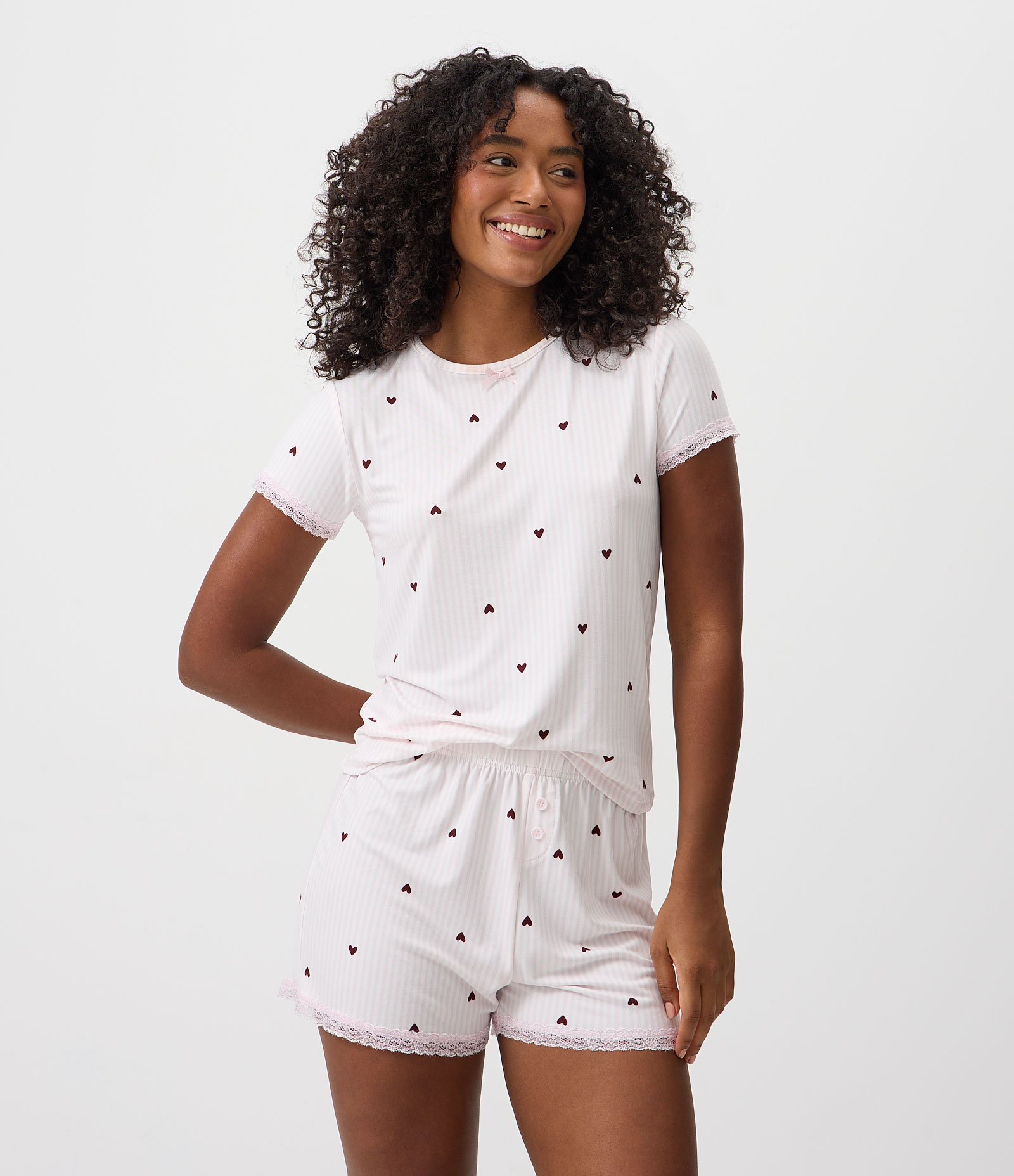 Blusa de Pijama em Peach Touch com Estampa de Corações Branco 1