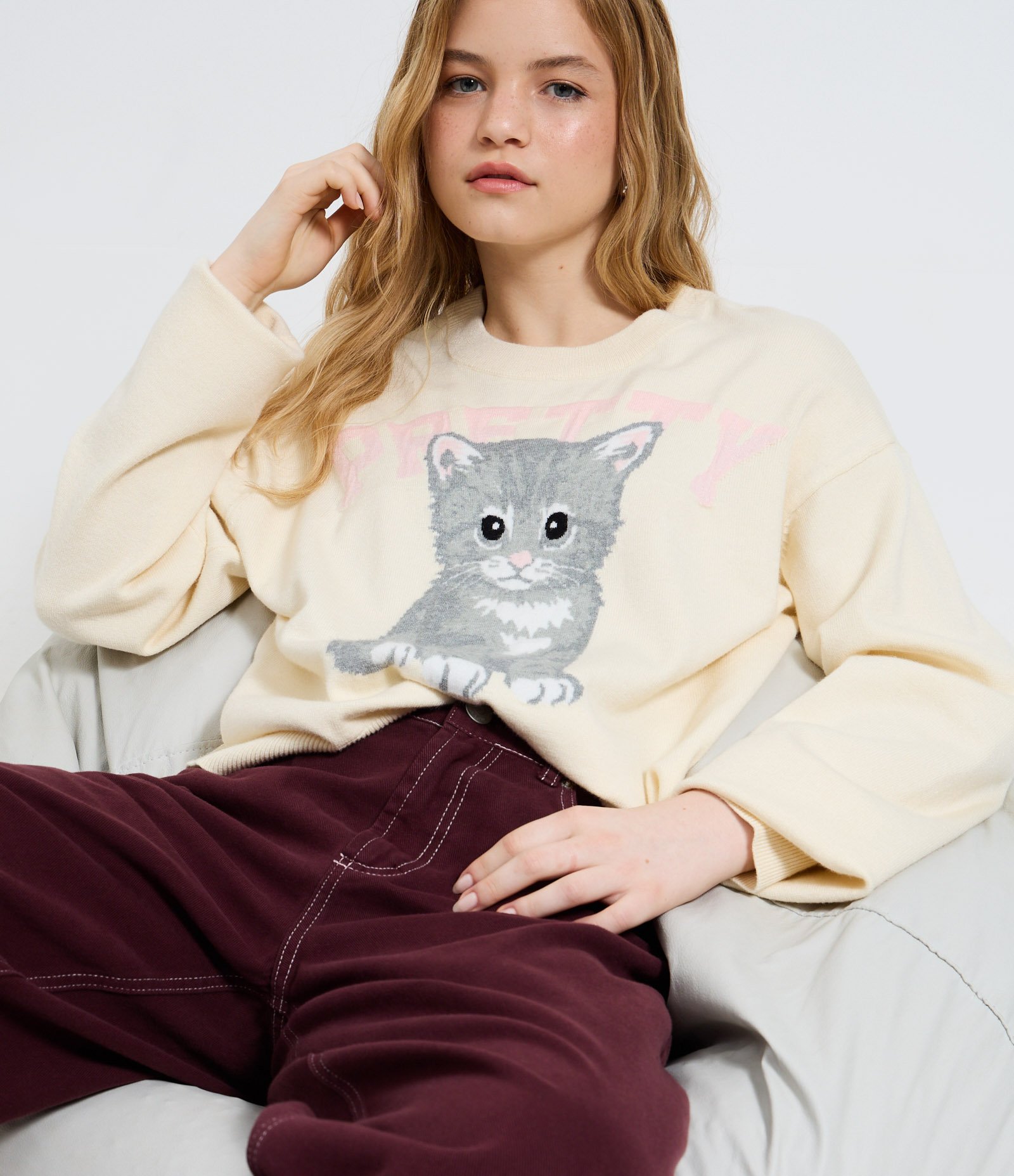 Blusa em Tricô com Estampa de Gato Fofinho Off White 1