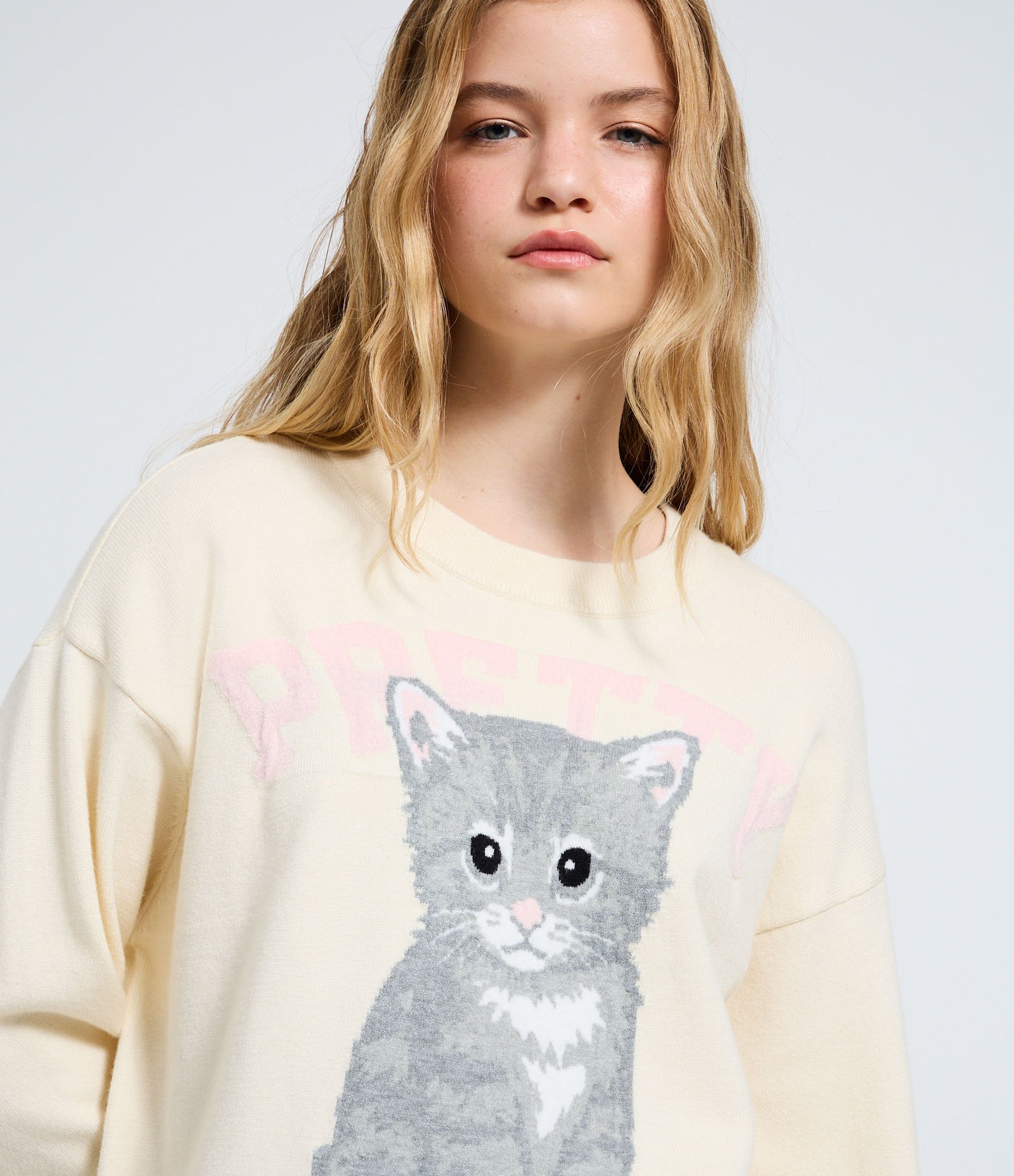 Blusa em Tricô com Estampa de Gato Fofinho Off White 3