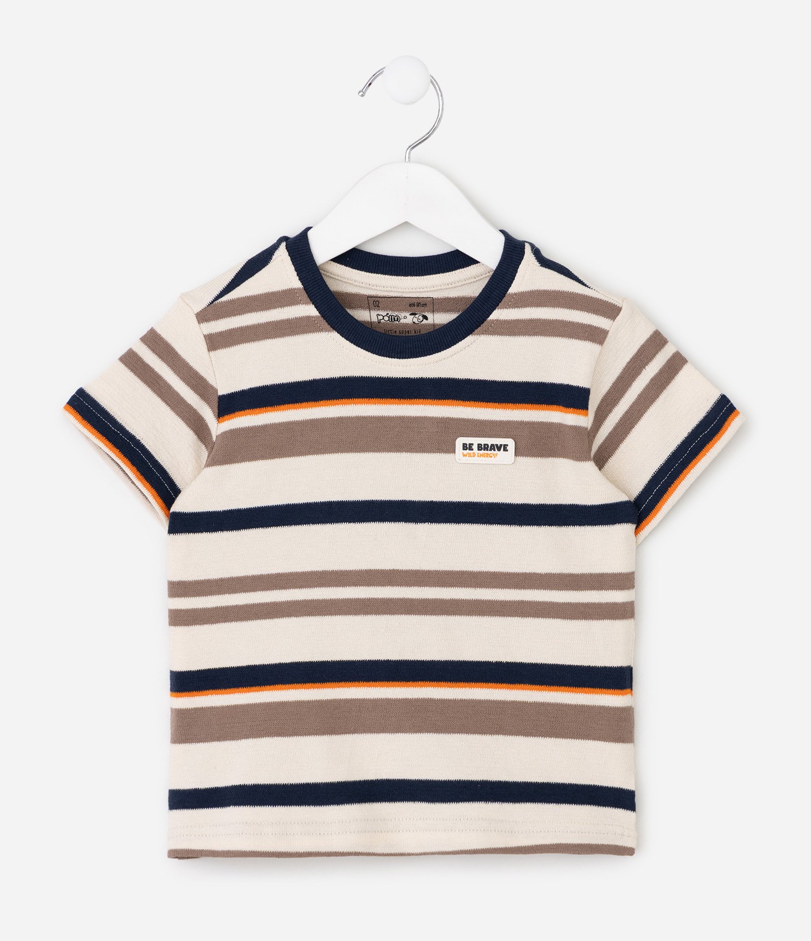 Camiseta Comfort Infantil Listrada com Pach Aplicado – Tam 1 a 6 Anos Bege 2