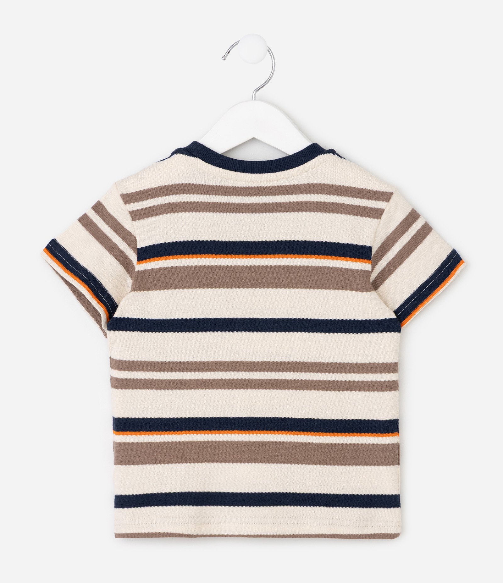 Camiseta Comfort Infantil Listrada com Pach Aplicado – Tam 1 a 6 Anos Bege 3