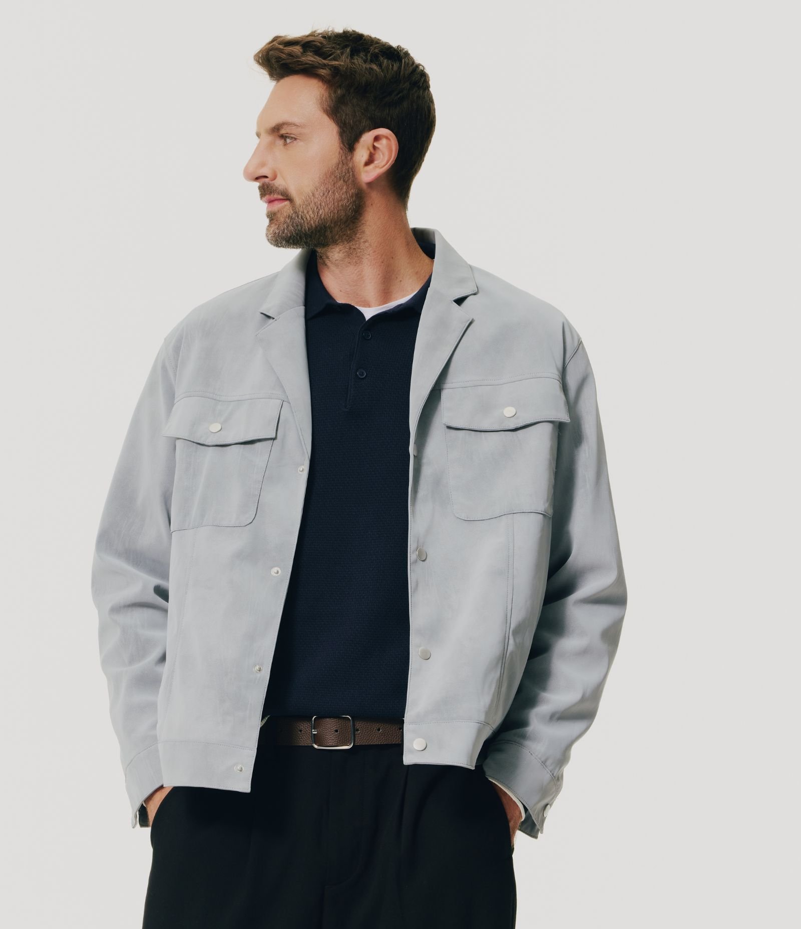 Jaqueta Regular em PU com Gola Blazer Cinza 2