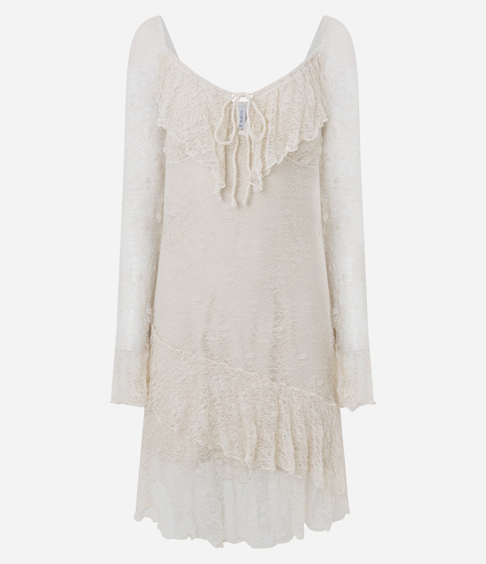 Vestido Curto em Renda com Manga Longa e Babados Off White 1